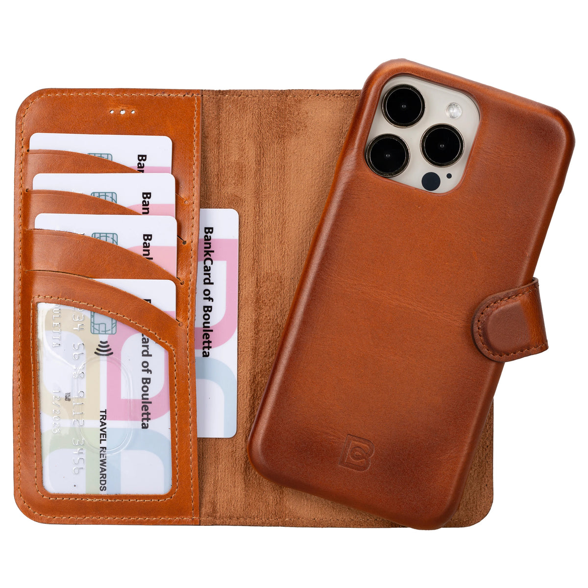 A brown leather iphone 16 wallet phone case shown open, with a smartphone inserted and several credit cards visible in the card slots. The case has a snap-button closure and a small embossed logo near the bottom.