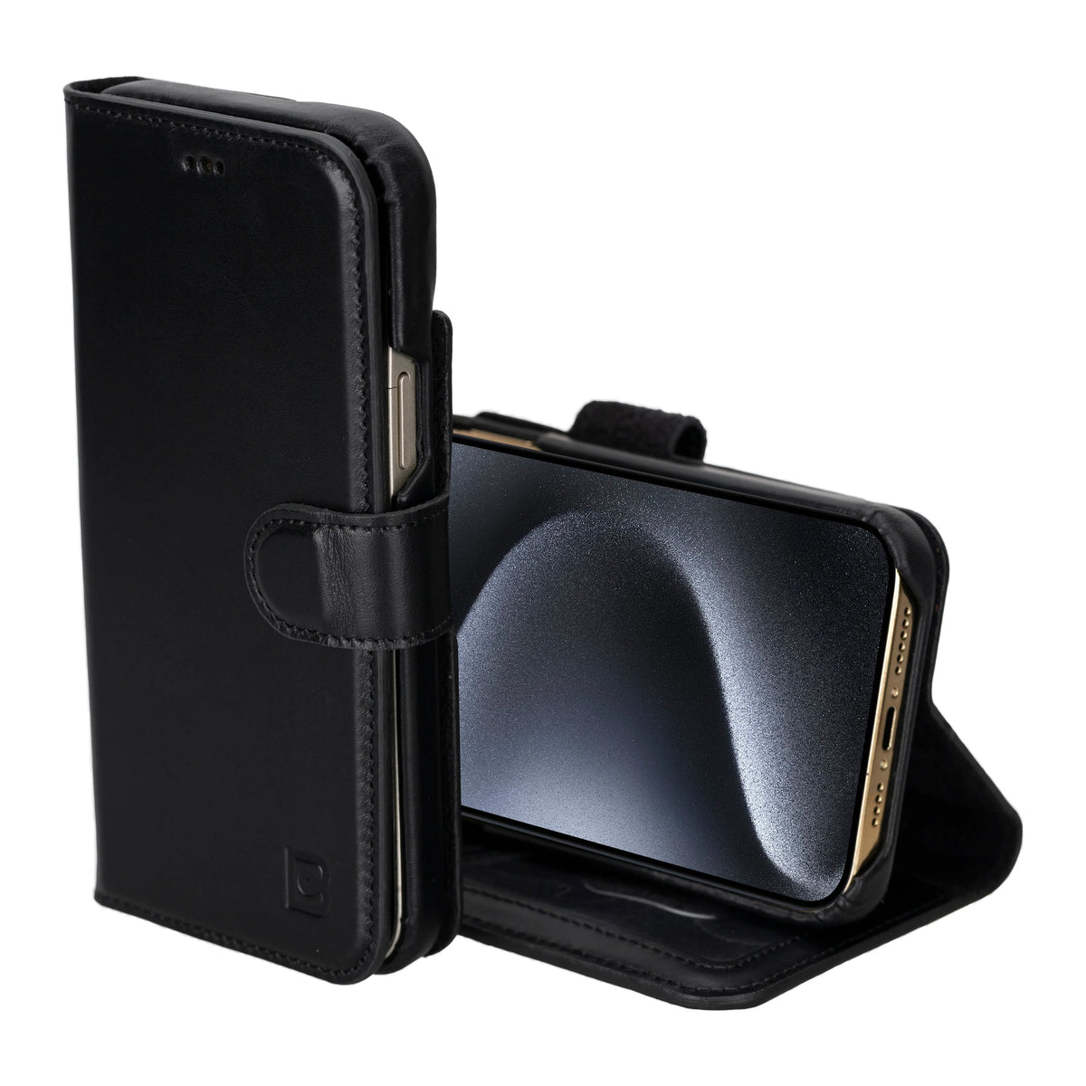 Black folio iphone 16 pro max case shown closed and open with a smartphone inserted, on a clean white background. The case has a faux-leather or leather-look finish, a strap closure, and a kickstand function.