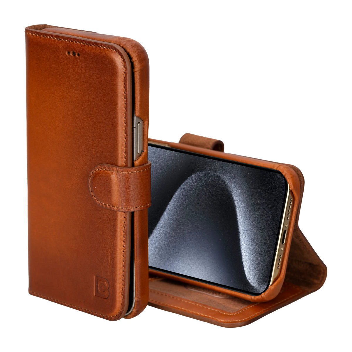 A brown leather wallet phone case shown in two views: one standing vertically and one propped open as a stand, with a smartphone inside. The case features a front strap closure and a small embossed logo near the bottom corner.