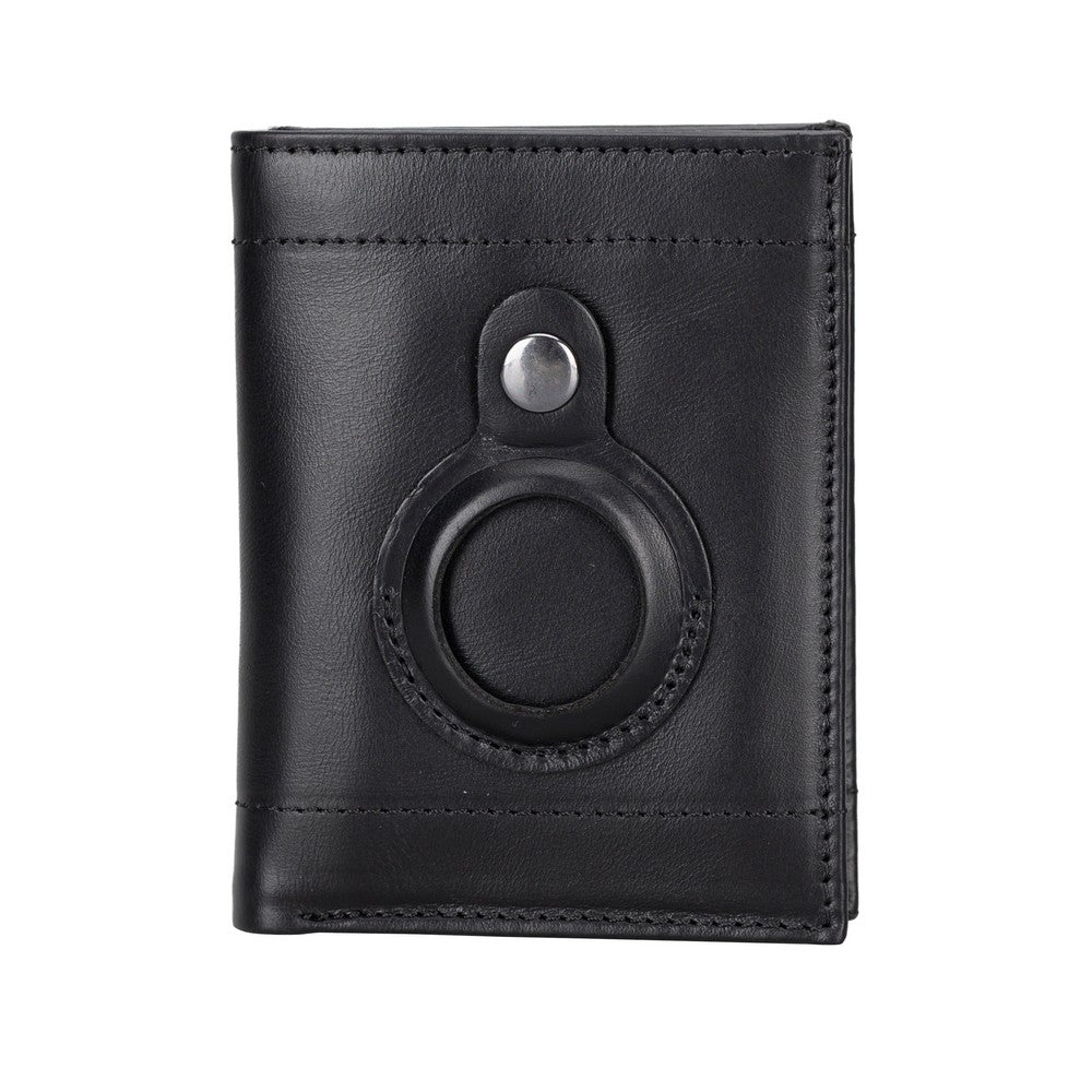Black leather wallet with a circular card holder on a white background