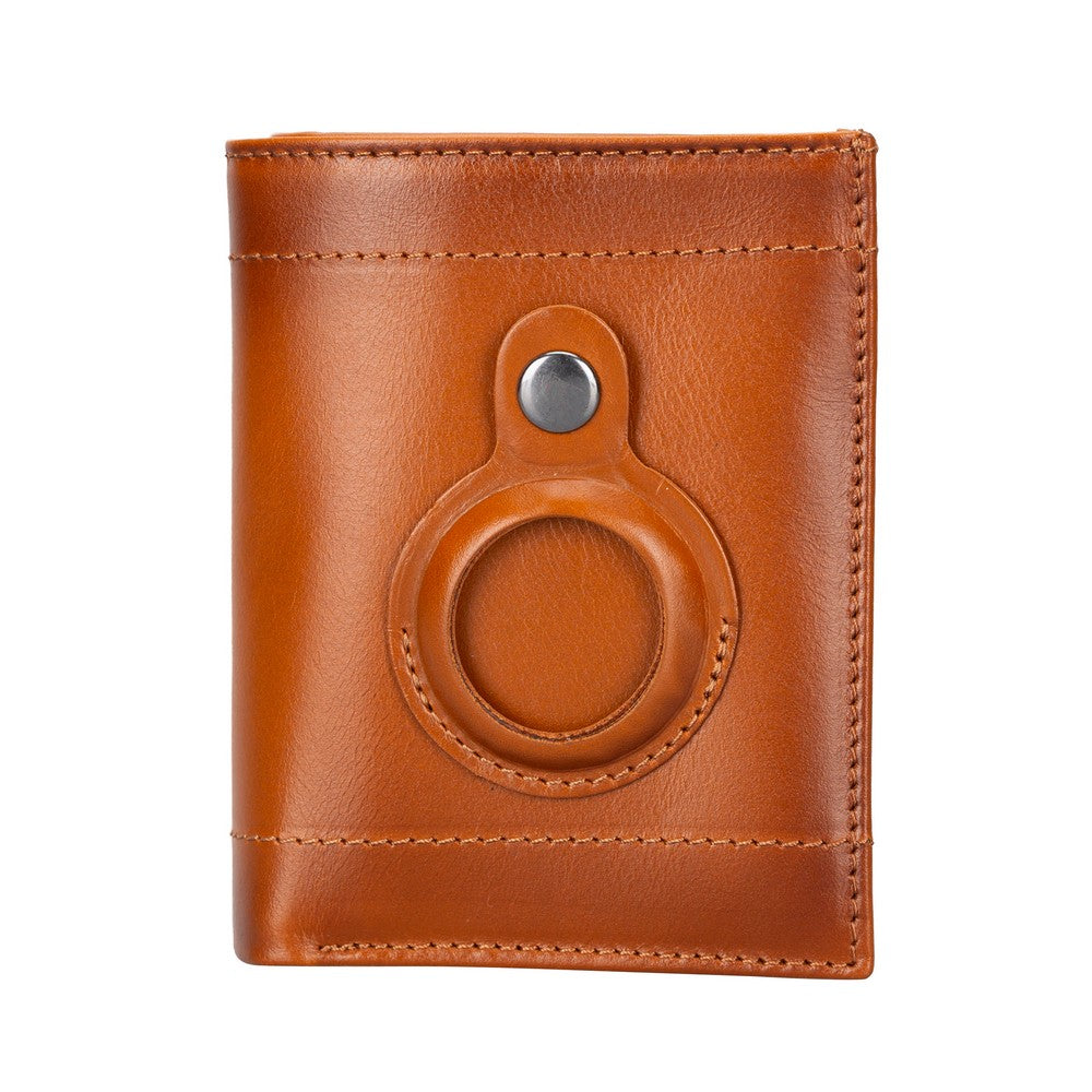 Brown leather wallet with a circular card holder on a white background