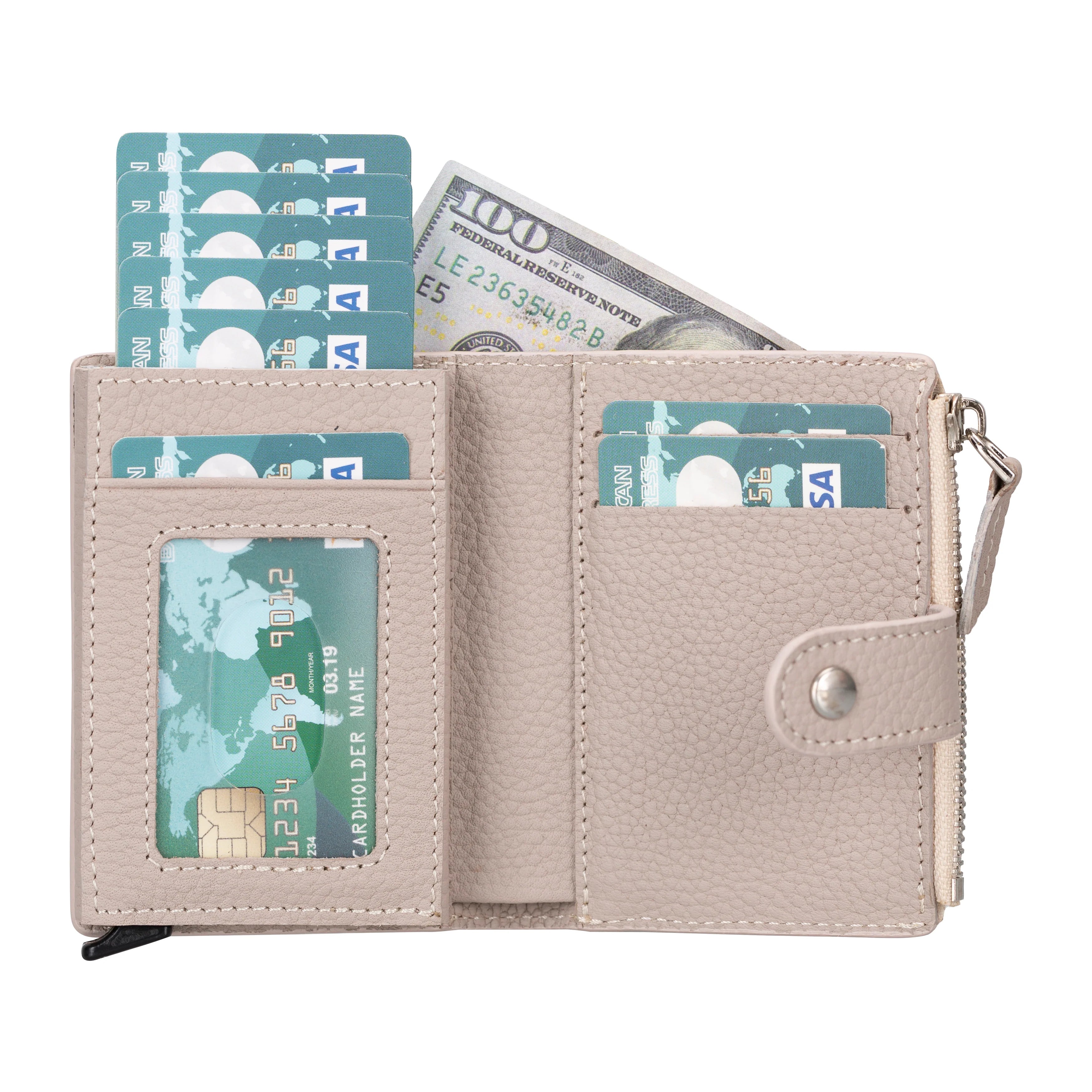 Beige wallet with card slots and a zipper pocket on a white background