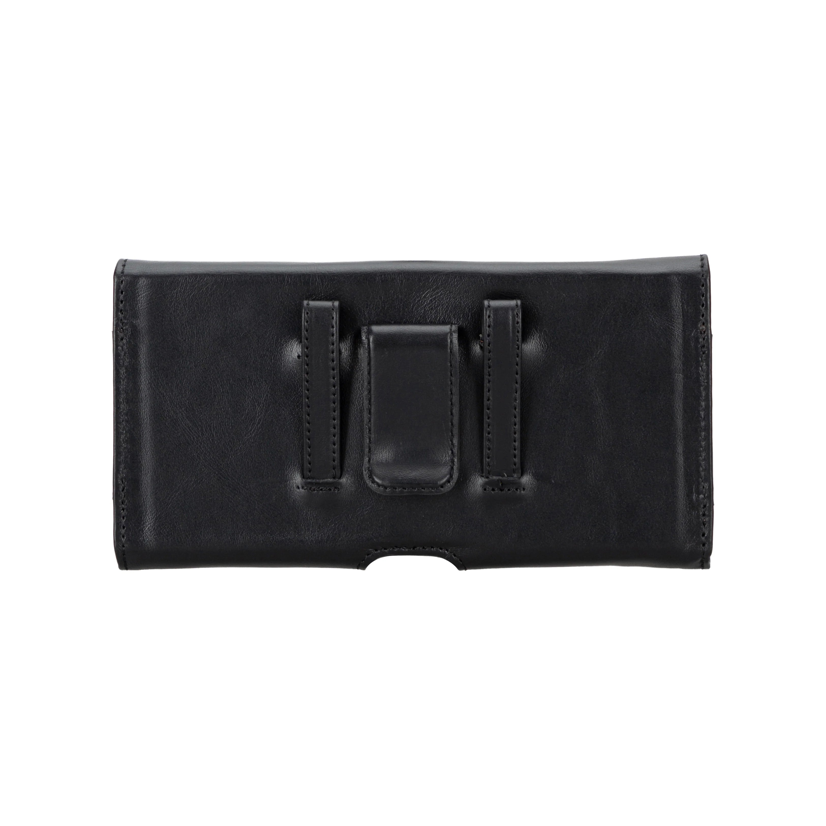 Black leather wallet with multiple card slots on a white background