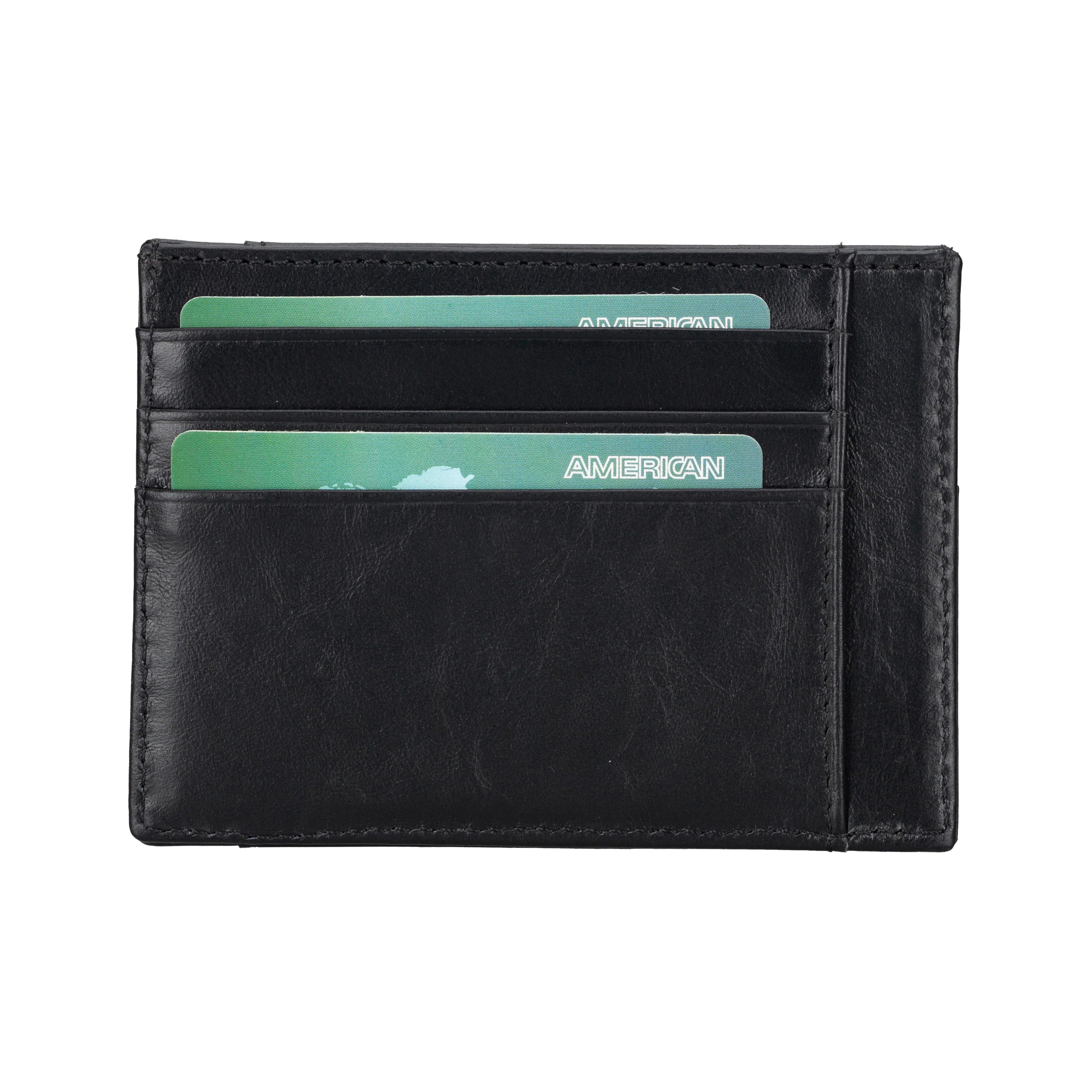Black leather wallet with card slots on a white background
