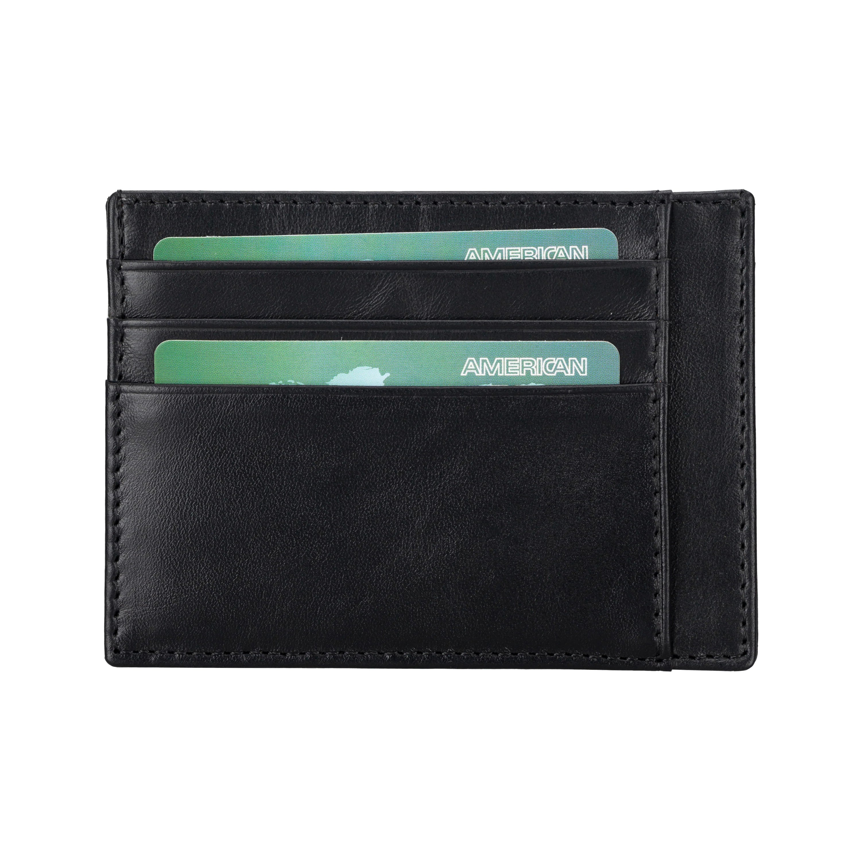 Black leather wallet with card slots on a white background
