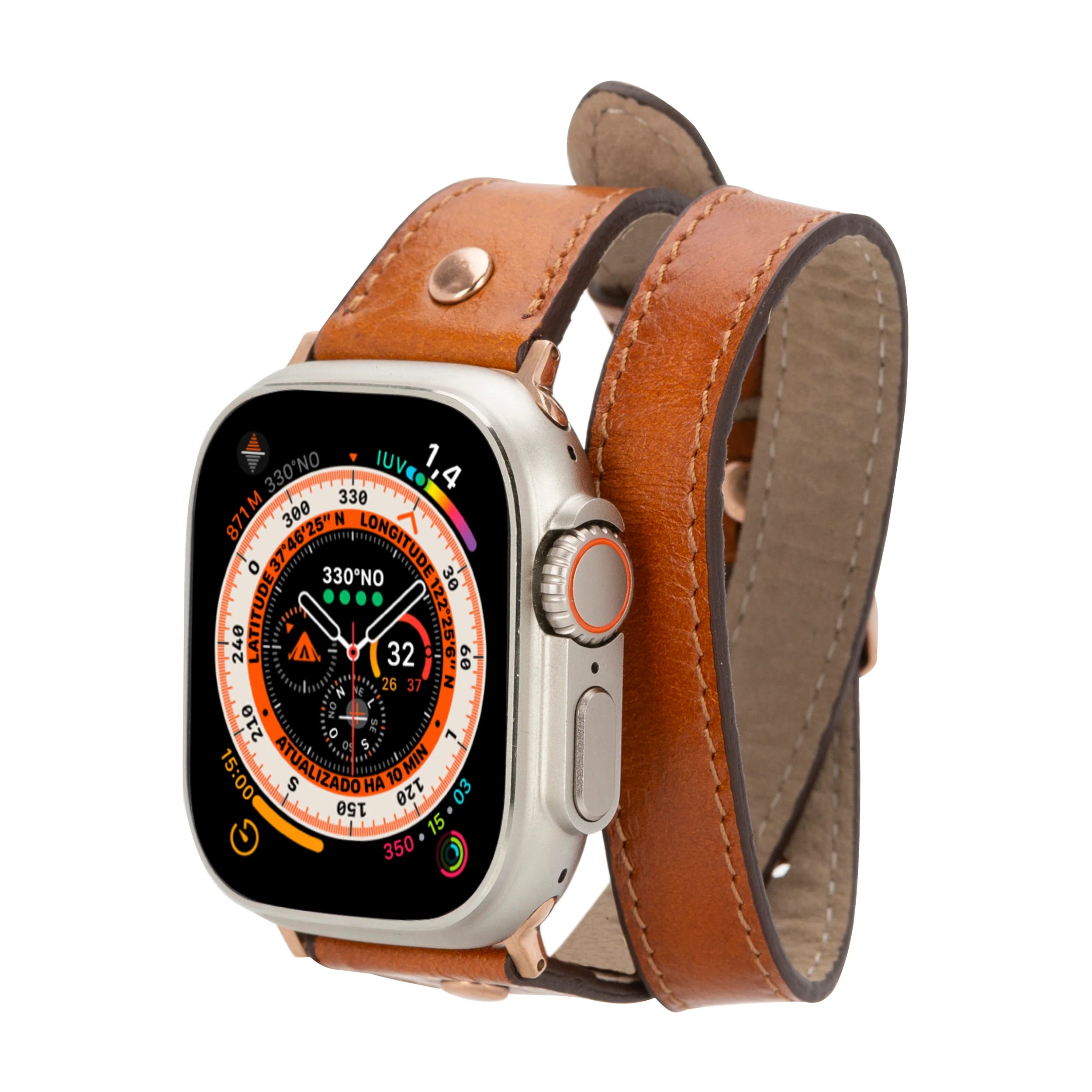 Smartwatch with a brown leather strap on a white background