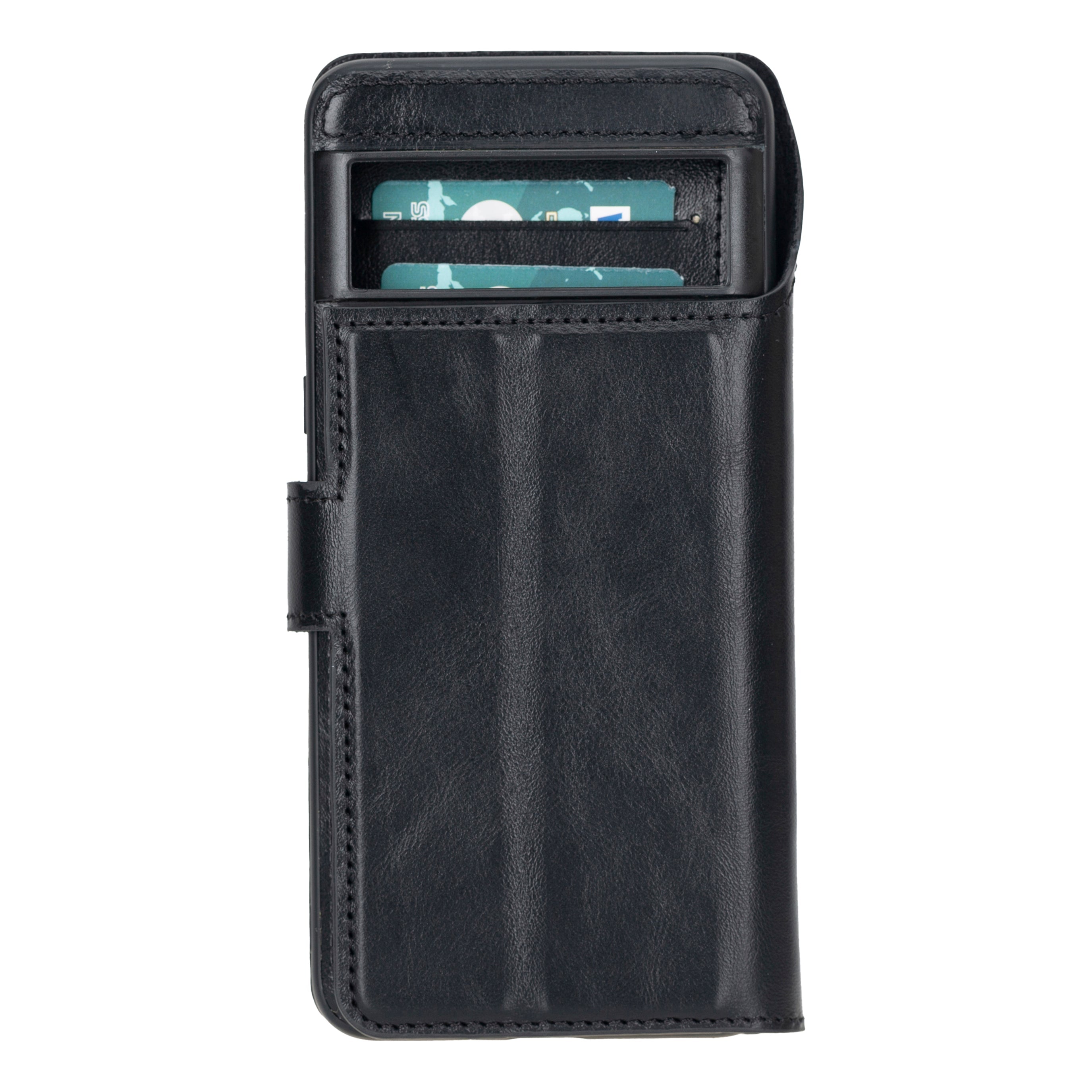 Black leather phone case with card holder on a white background