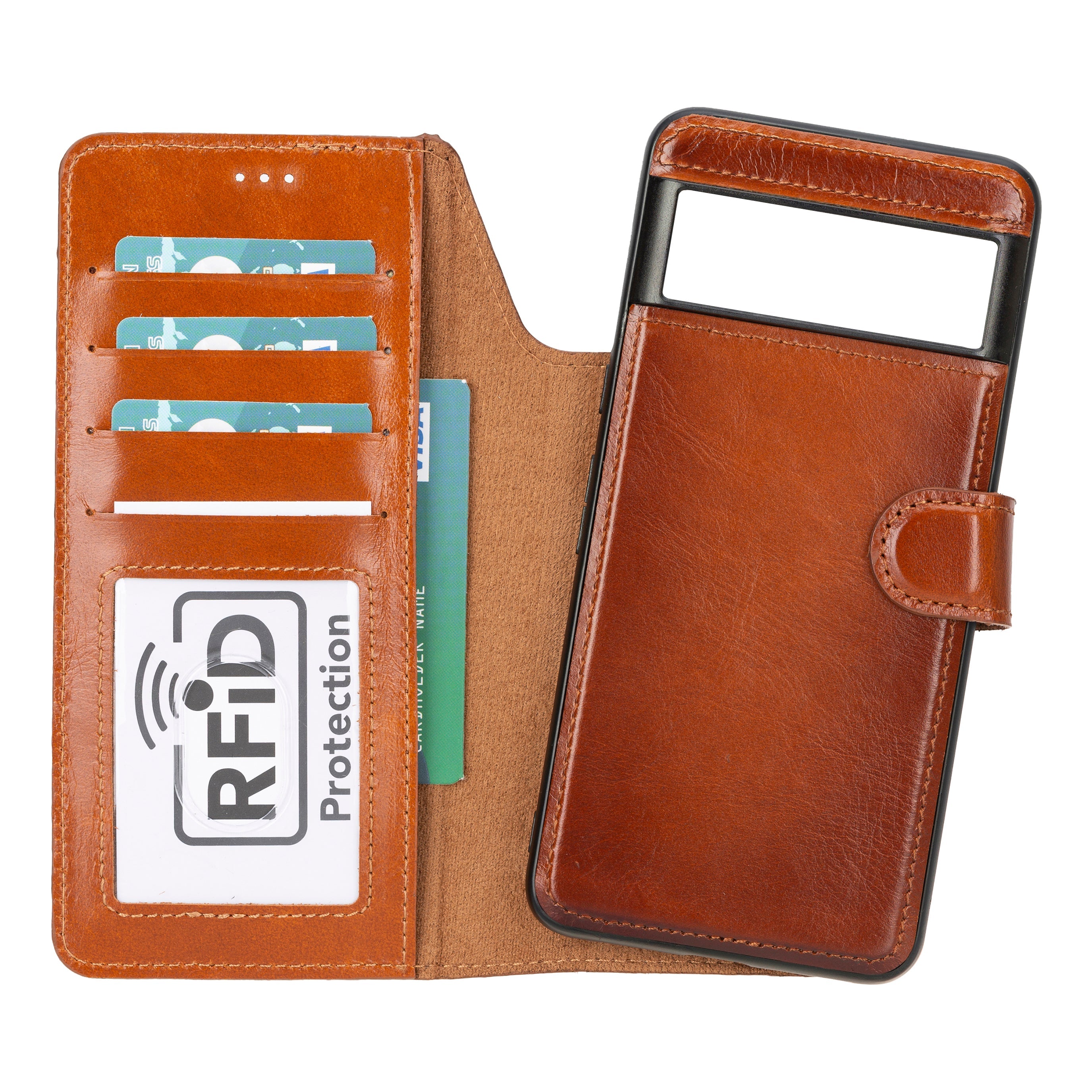 Brown leather phone case with card slots and RFID protection label on a white background