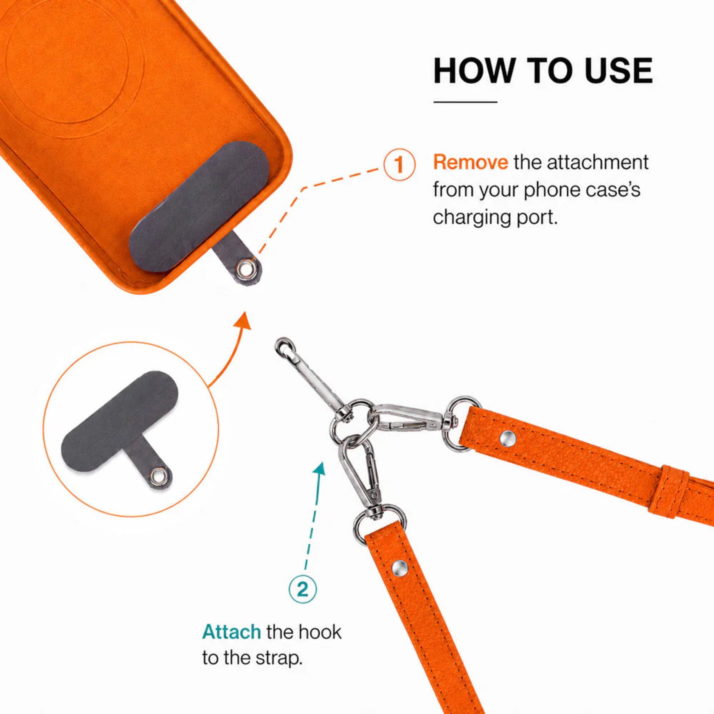Instruction graphic showing how to use an orange phone case strap accessory. The diagram includes a phone case corner with a dark gray hook attached, a close-up inset of the hook, and a strap with metal clips being connected to a strap.