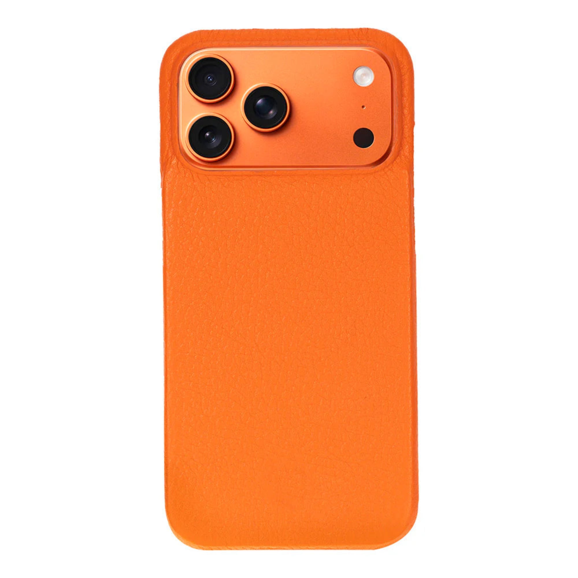 Orange phone case with a textured finish on a white background