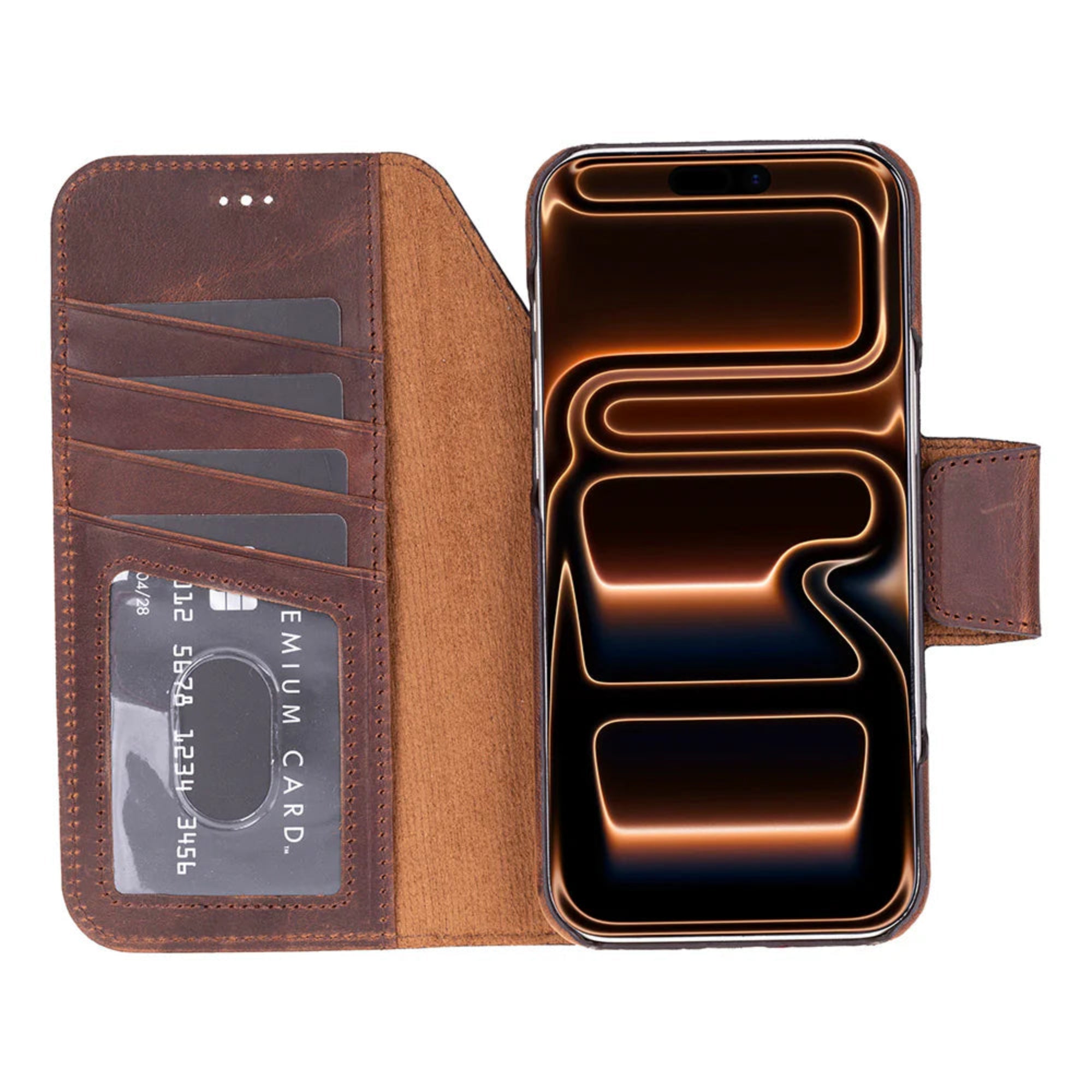 Brown phone wallet case with card slots and phone stand feature on a white background