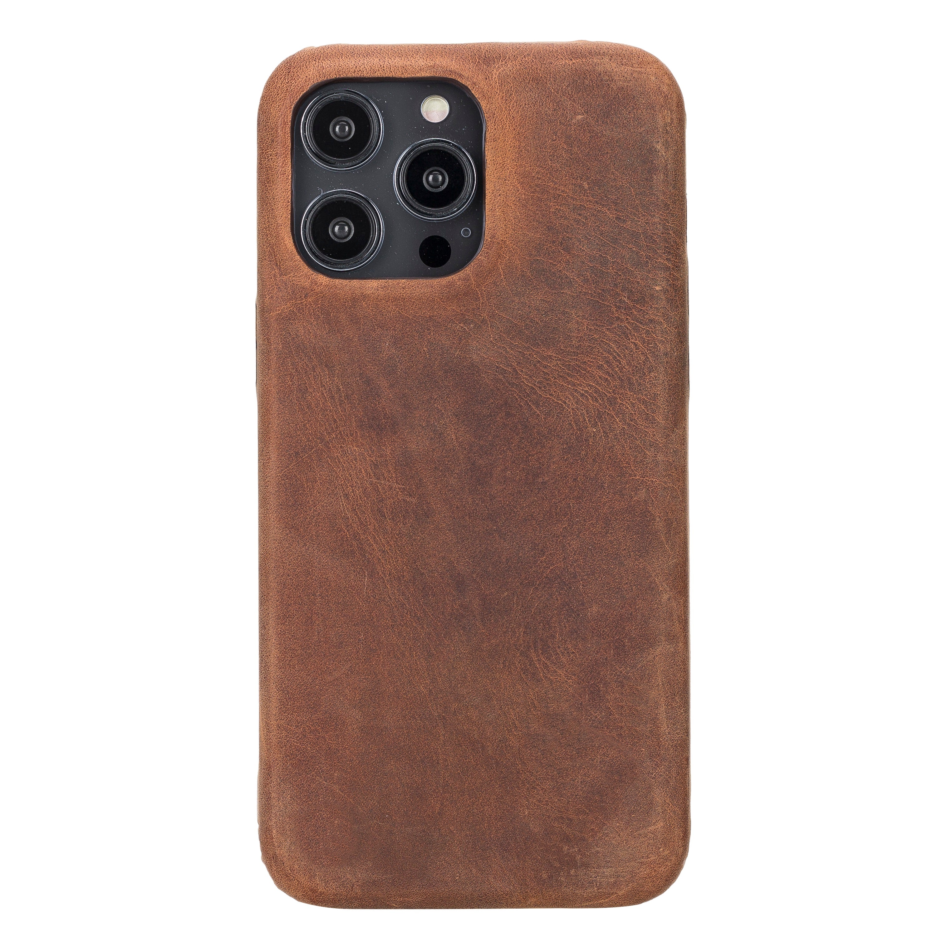 Brown leather phone case with camera cutout on a white background