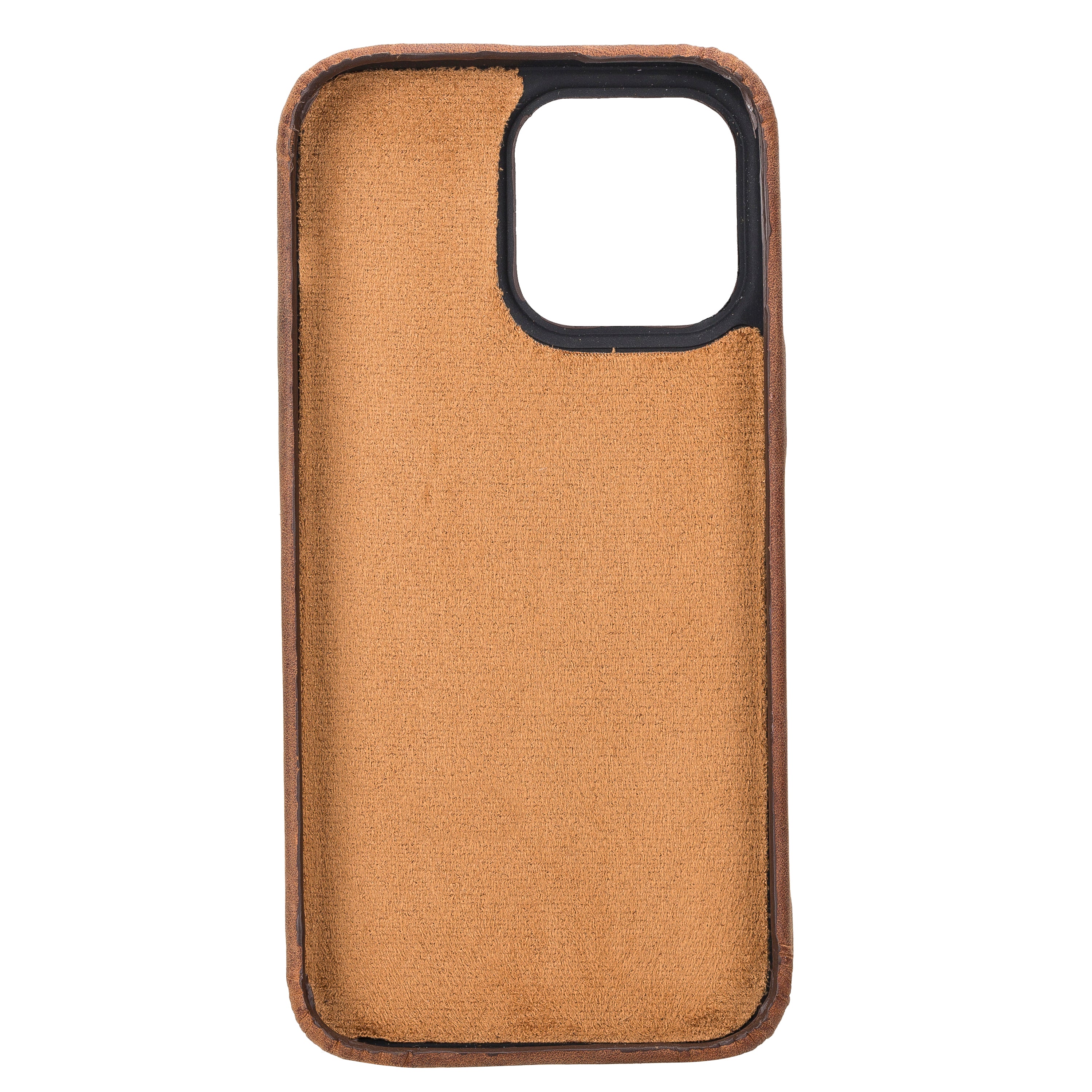 Brown phone case with black border on a white background