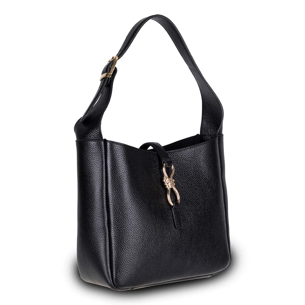Black handbag with a gold clasp on a white background