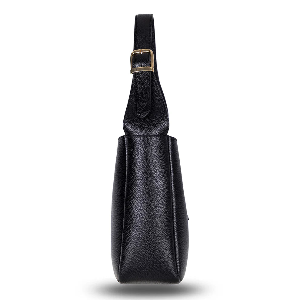 Black leather sling bag on a white background
