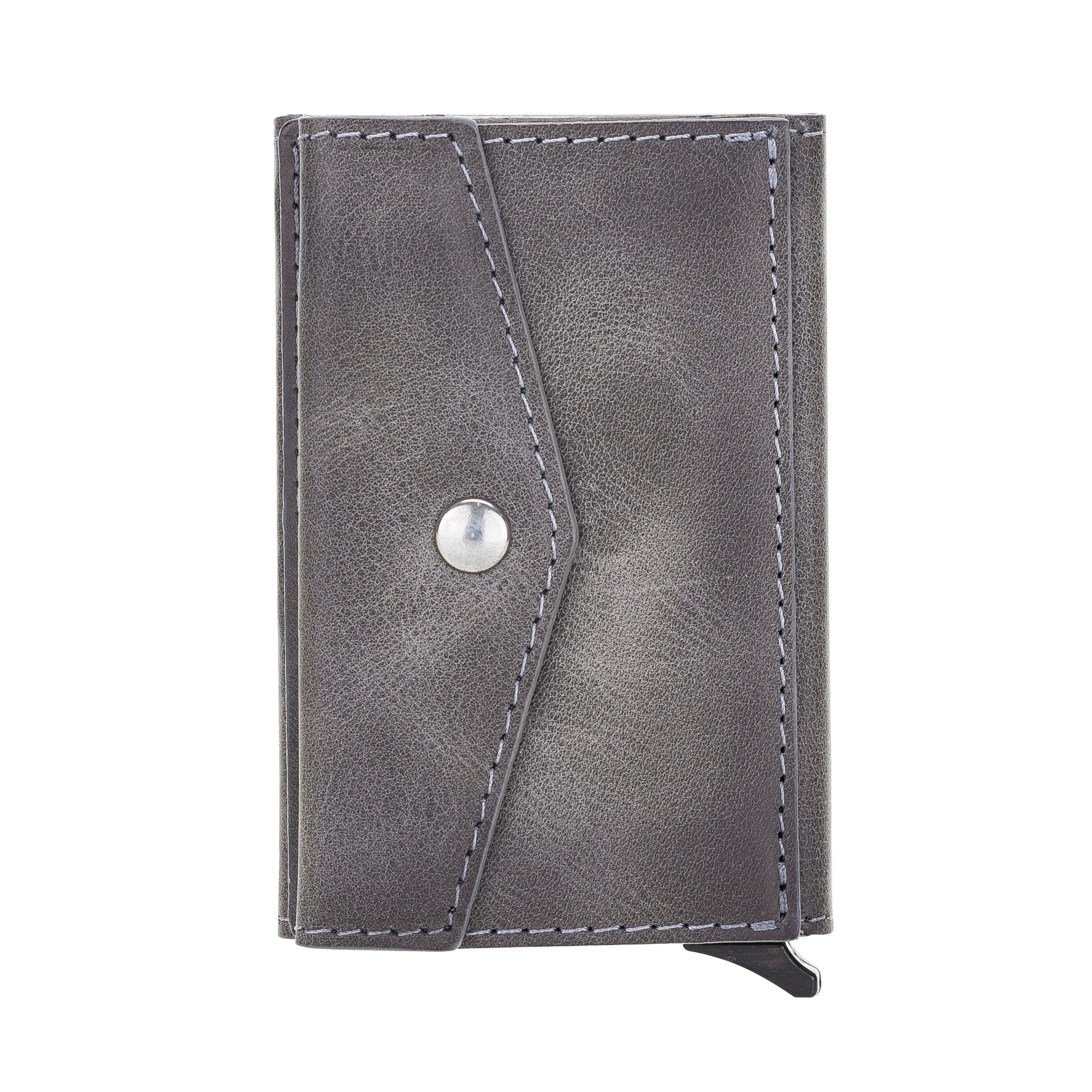 Gray leather wallet with a silver button on a white background