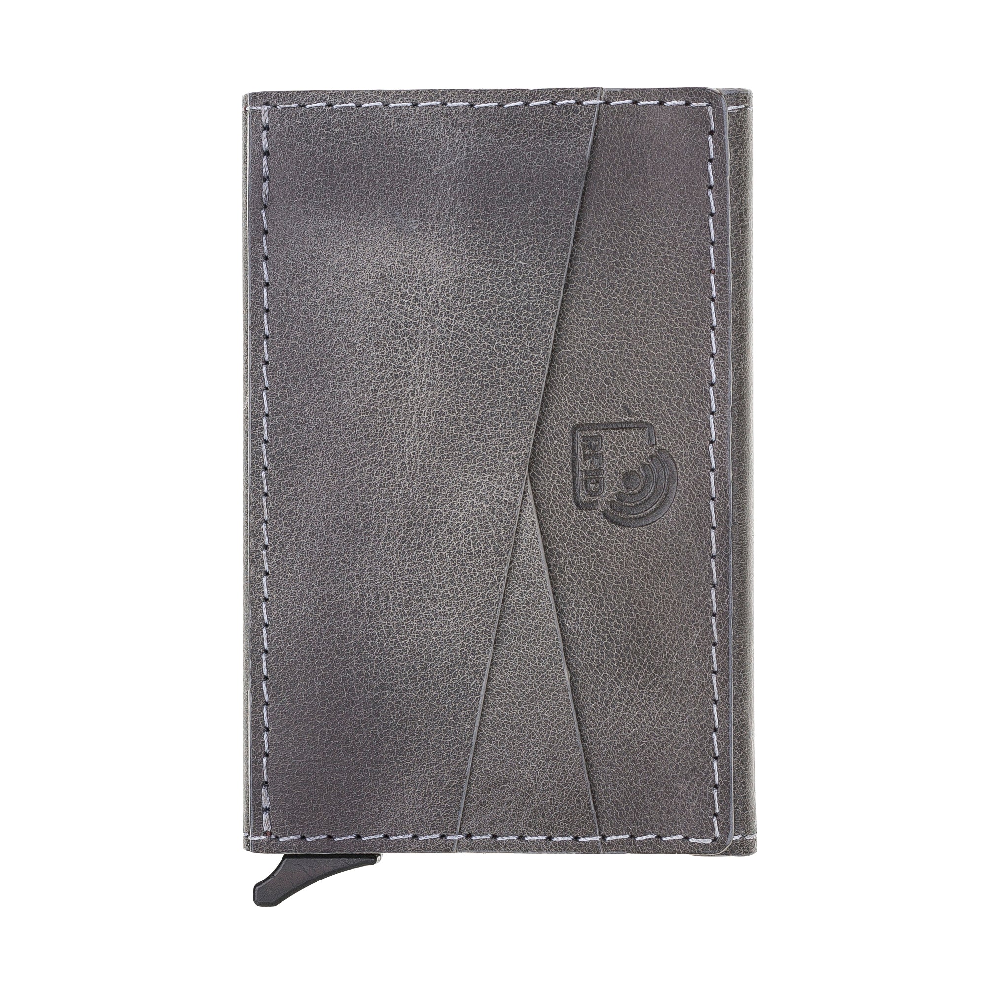 Gray leather wallet with a brand logo on a white background