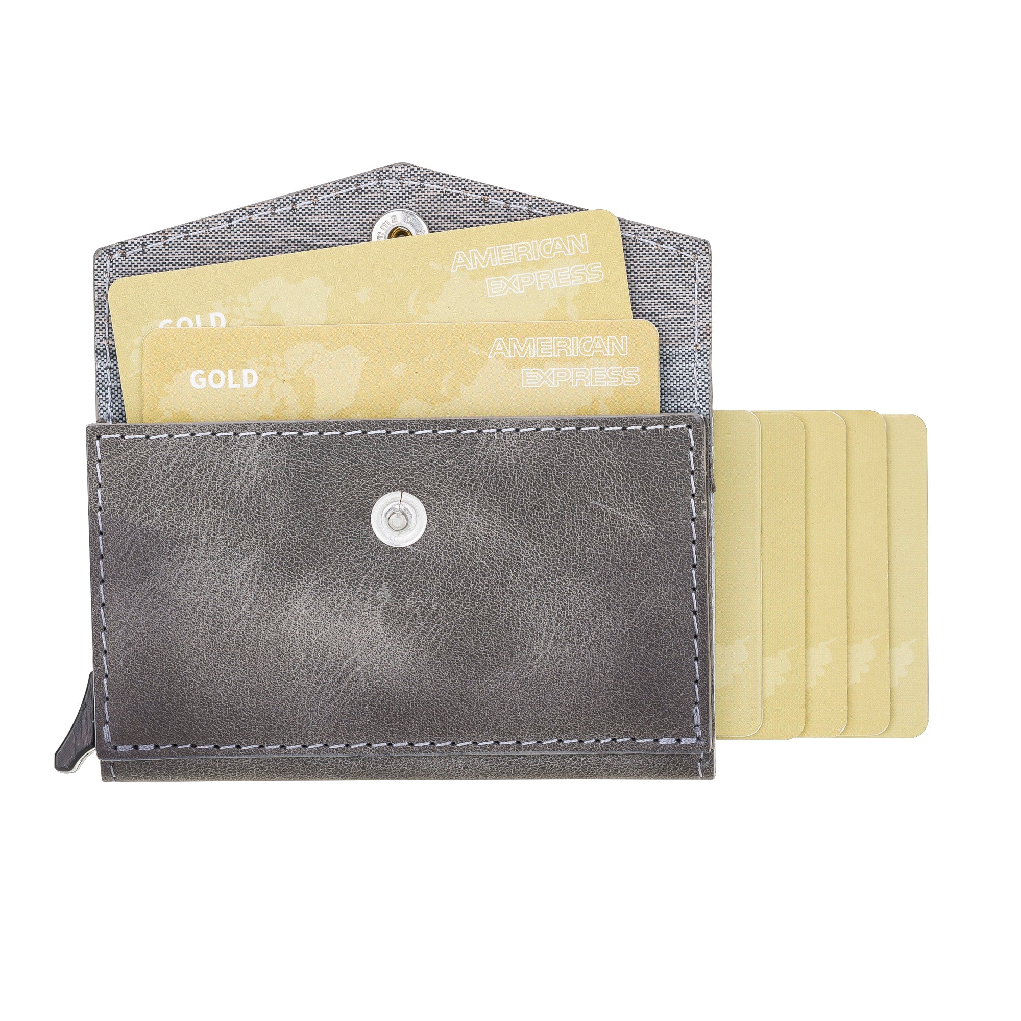 Gray cardholder with yellow cards on a white background