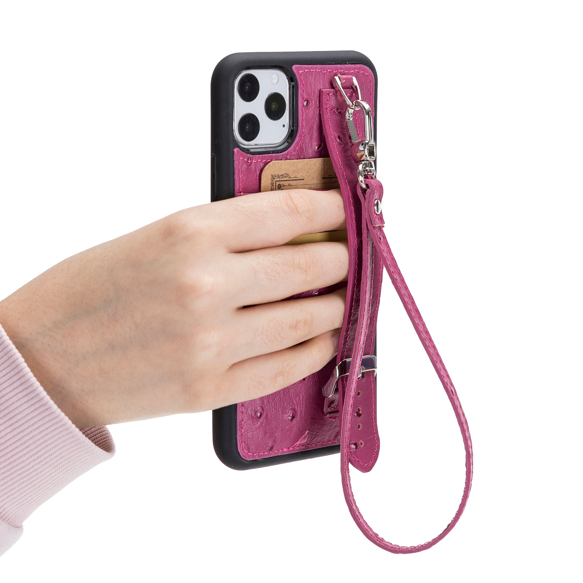 iPhone 11 Series Genuine Leather Back Cover with Hand Strap and Card Holder