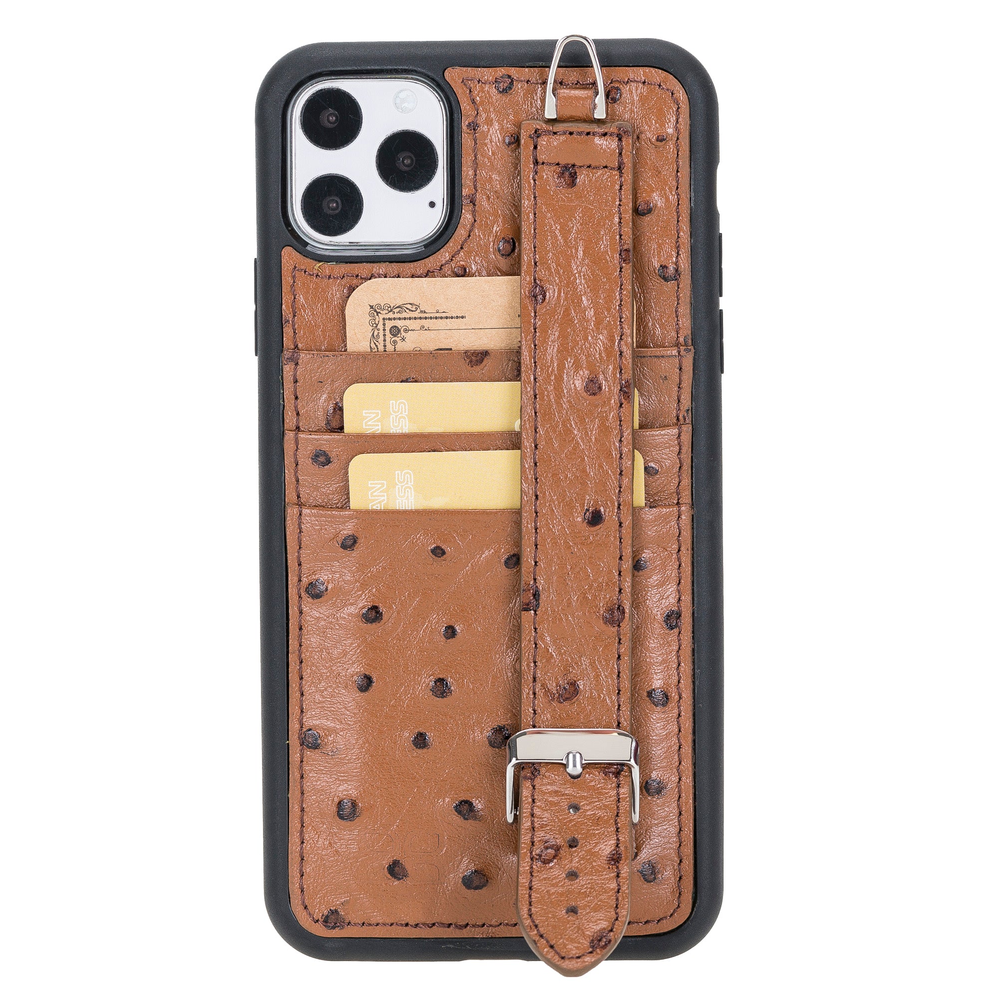 iPhone 11 Series Genuine Leather Back Cover with Hand Strap and Card Holder
