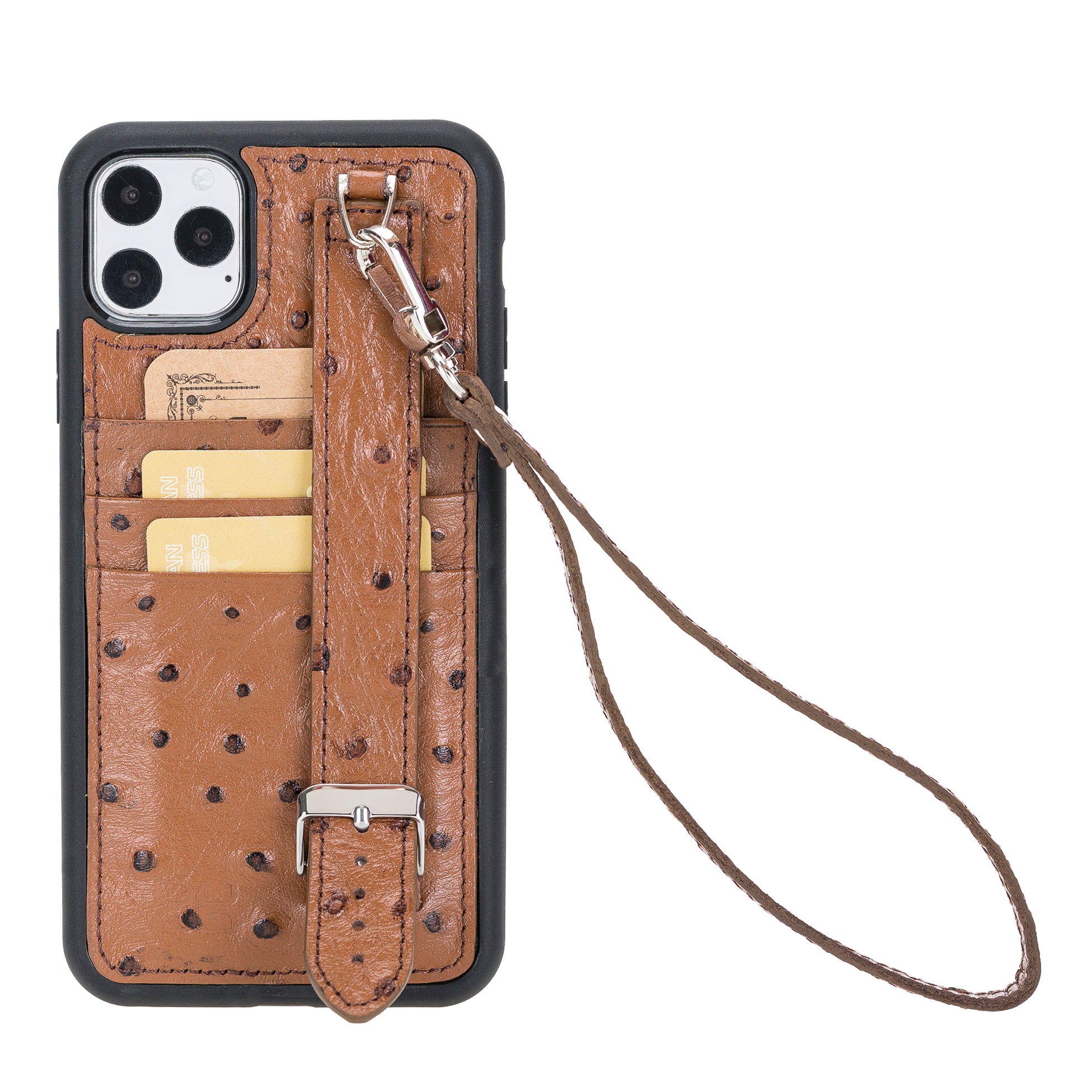 iPhone 11 Series Genuine Leather Back Cover with Hand Strap and Card Holder