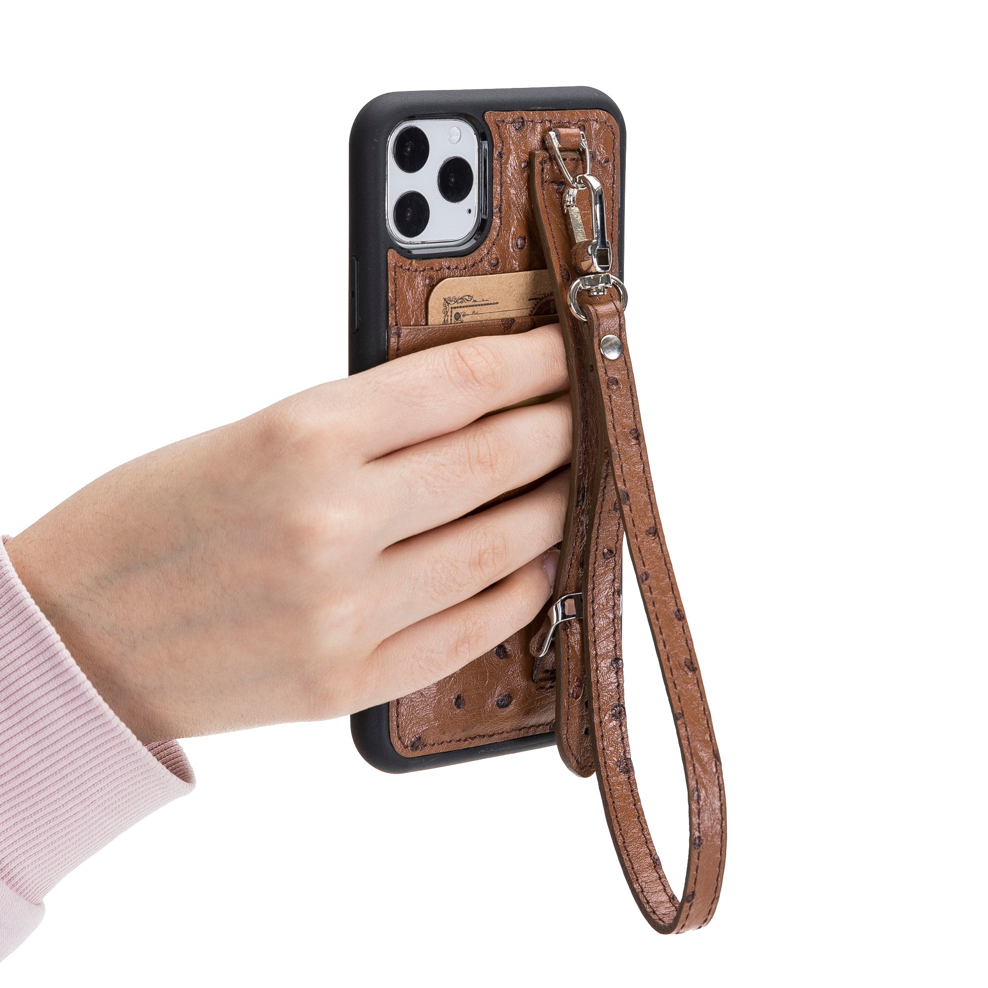 iPhone 11 Series Genuine Leather Back Cover with Hand Strap and Card Holder