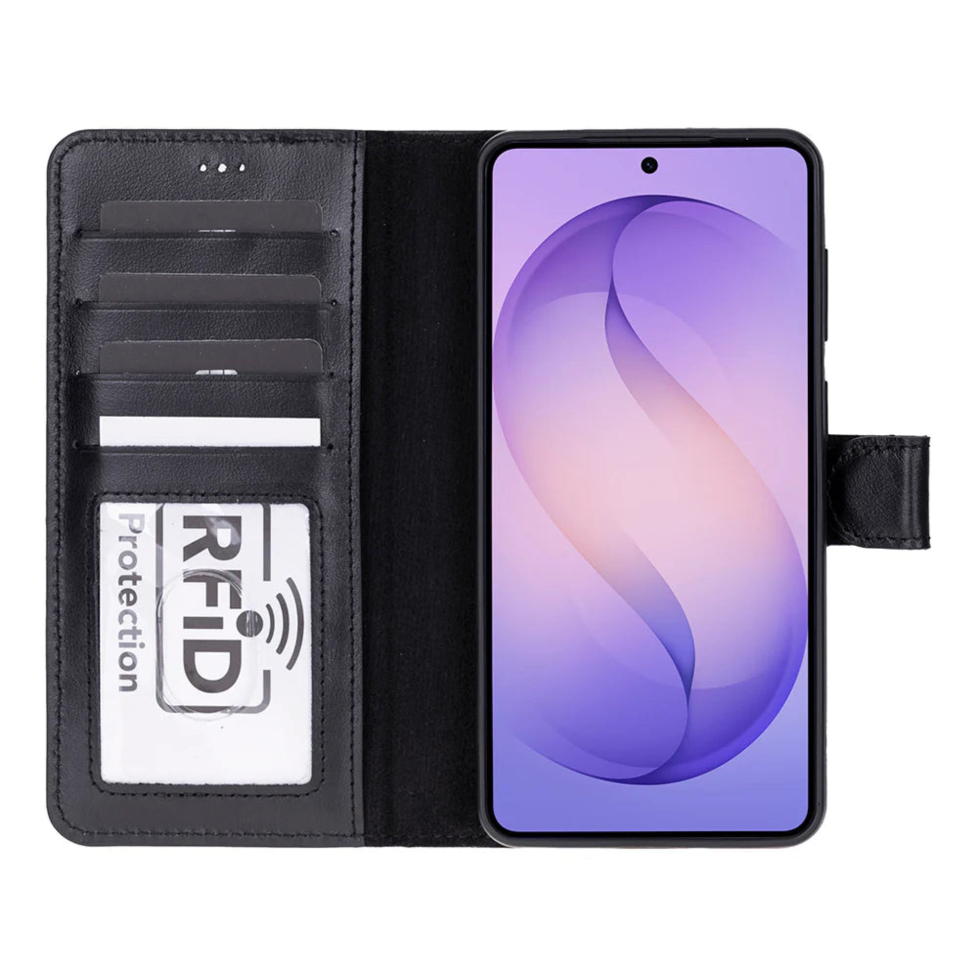 Black phone wallet case with RFID protection feature on a white background