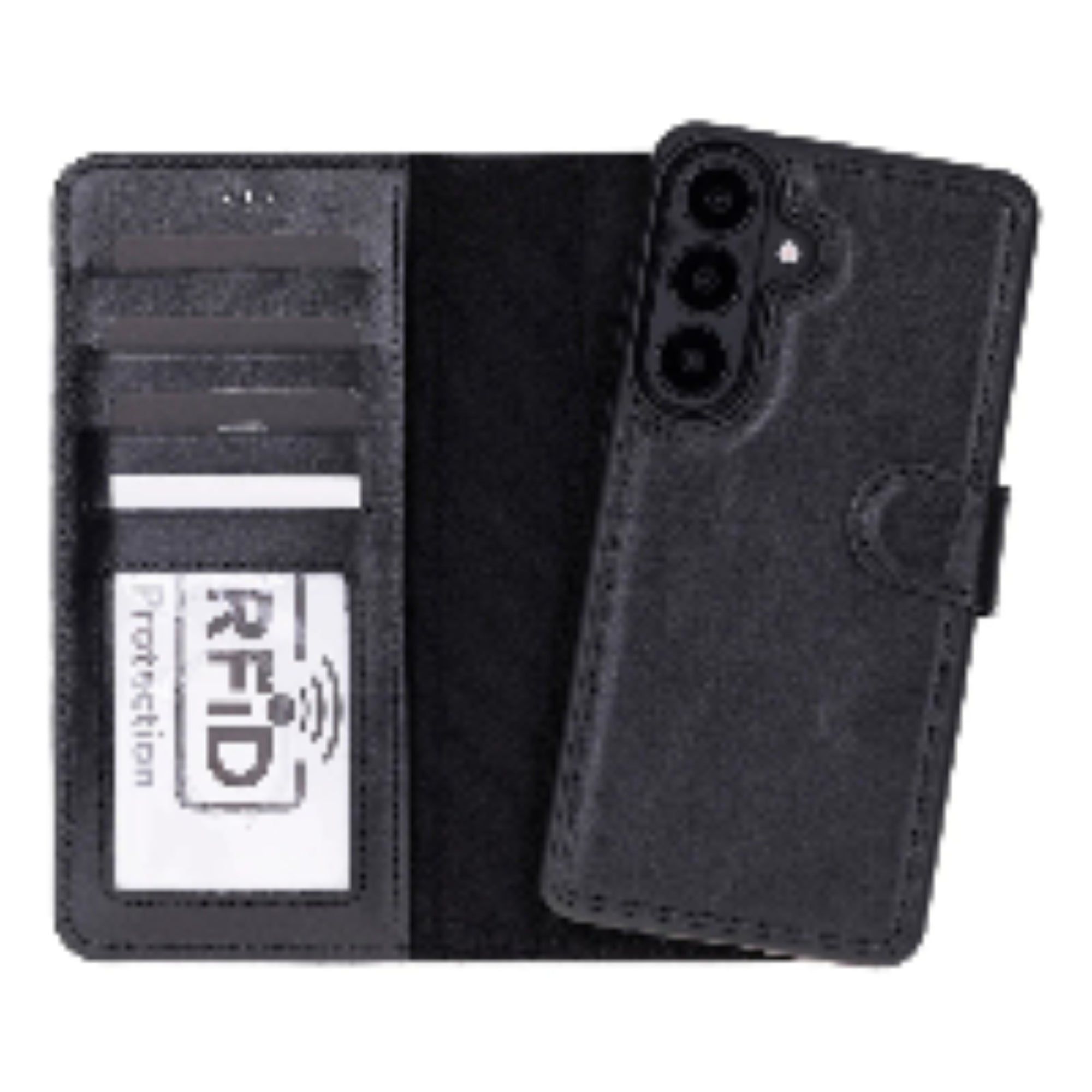 Black galaxy s26 wallet case with RFID protection feature on a white background