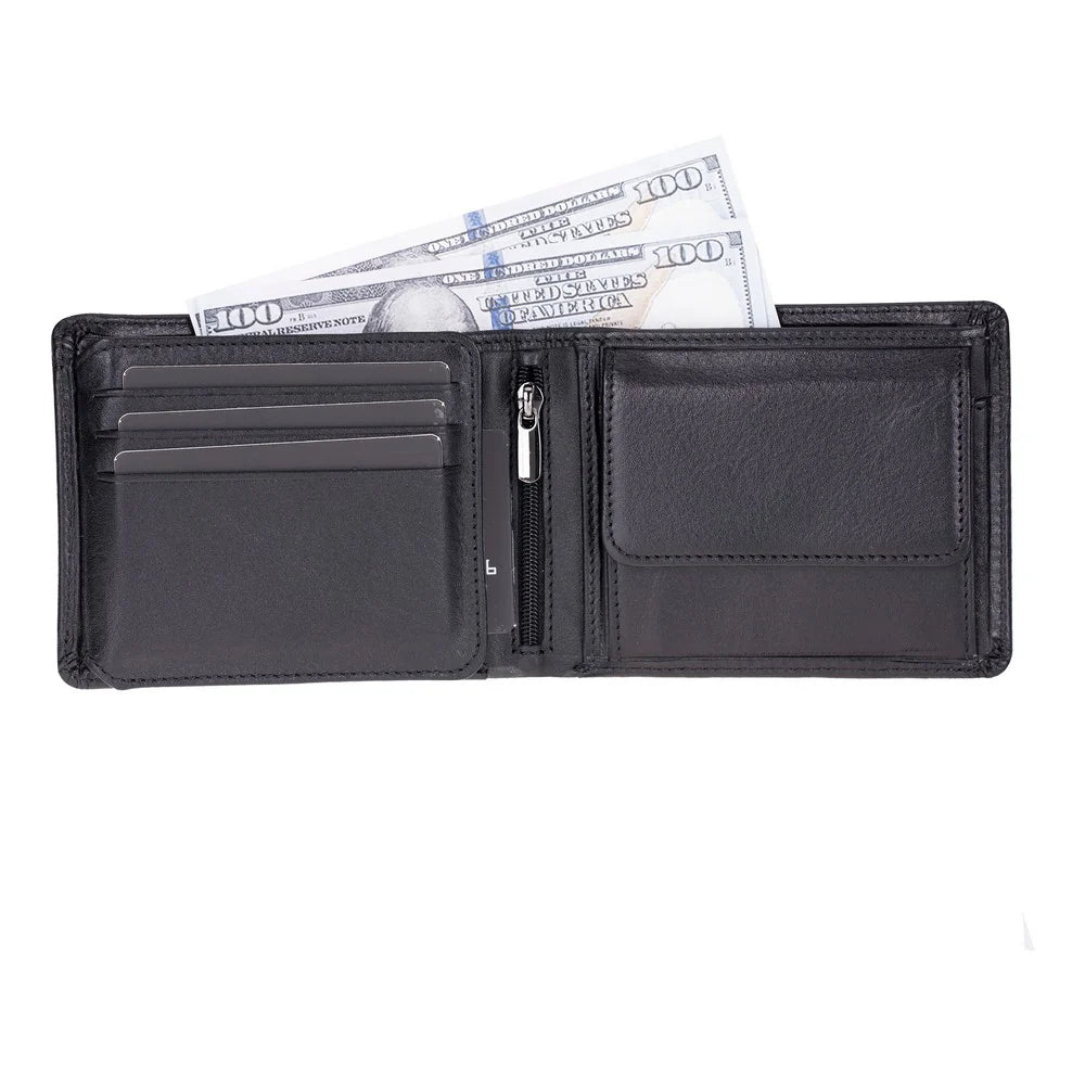 Black leather wallet with money on a white background