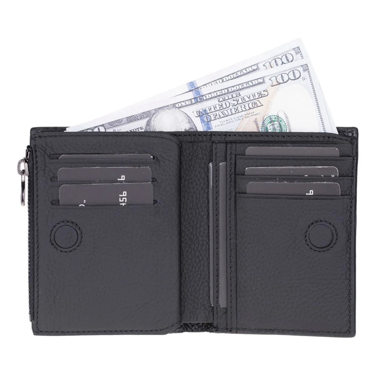 Black wallet with card slots and money compartments on a white background