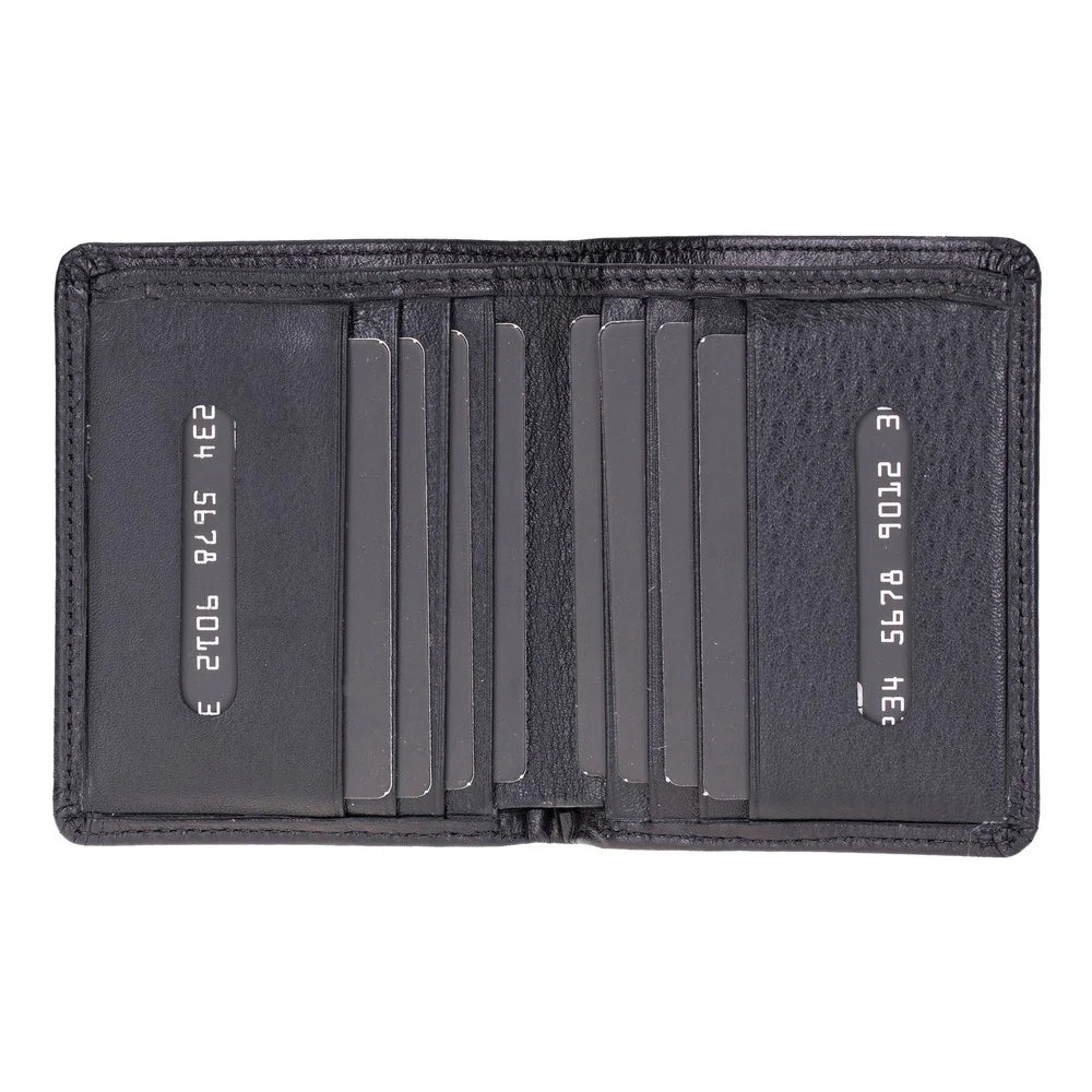Black leather wallet with card slots on a white background