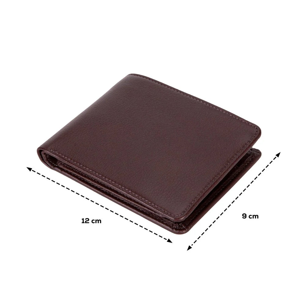 Brown leather wallet with dimensions indicated on a white background