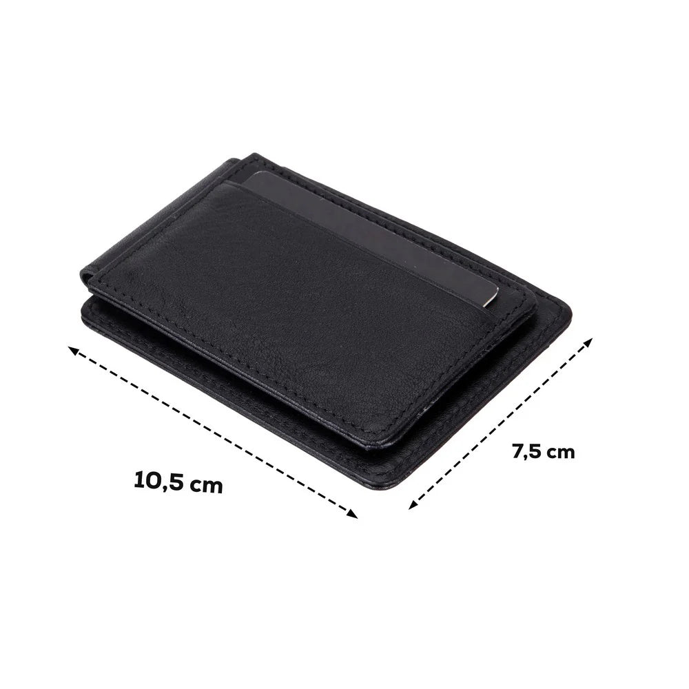 Black leather wallet with dimensions indicated on a white background