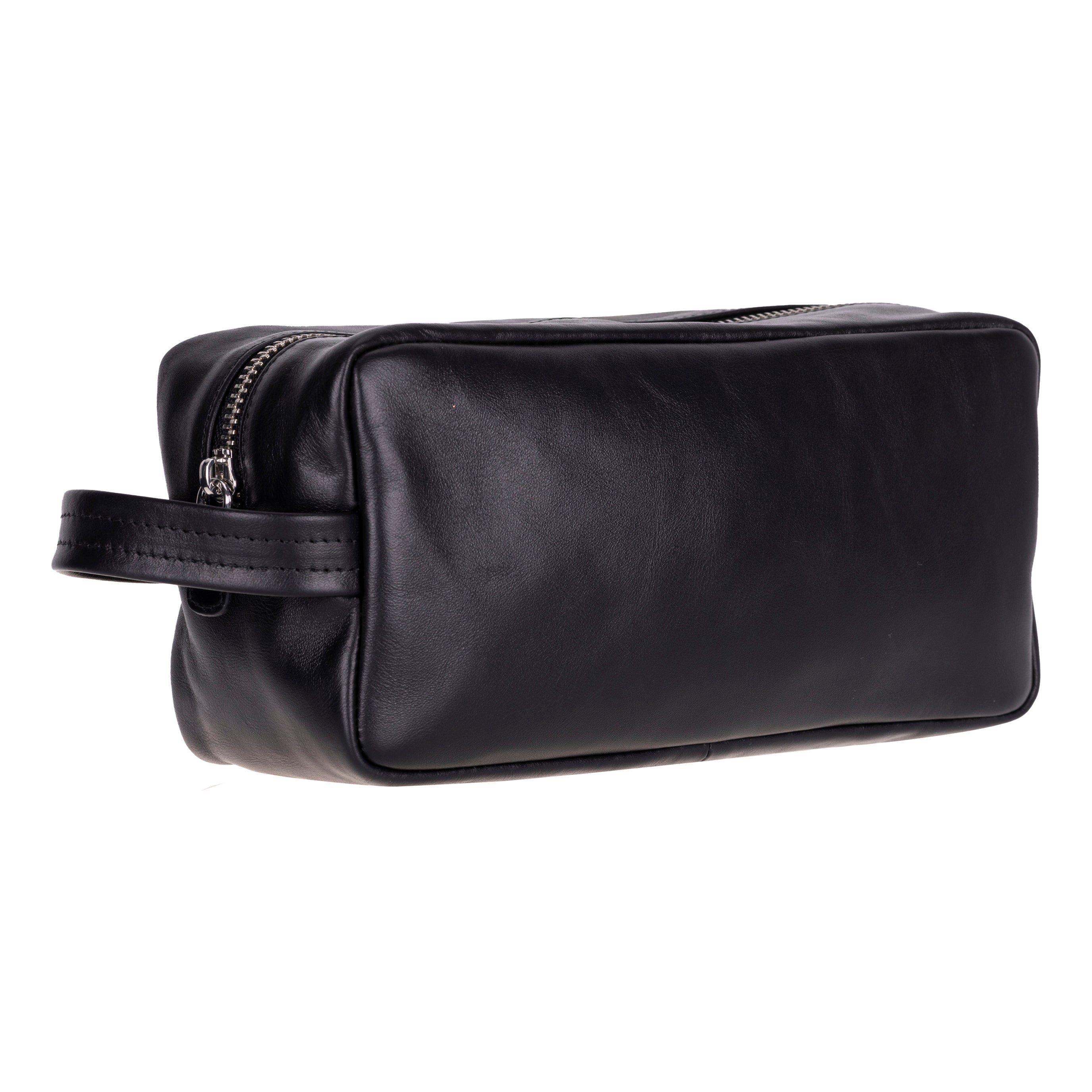 Black leather toiletry bag with a handle on a white background