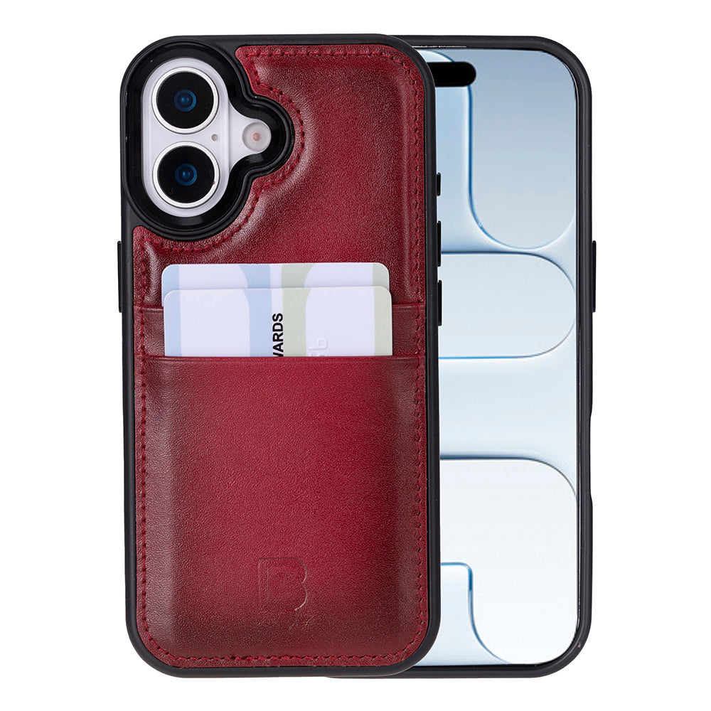 Red iPhone 17 case with card holder on a white background