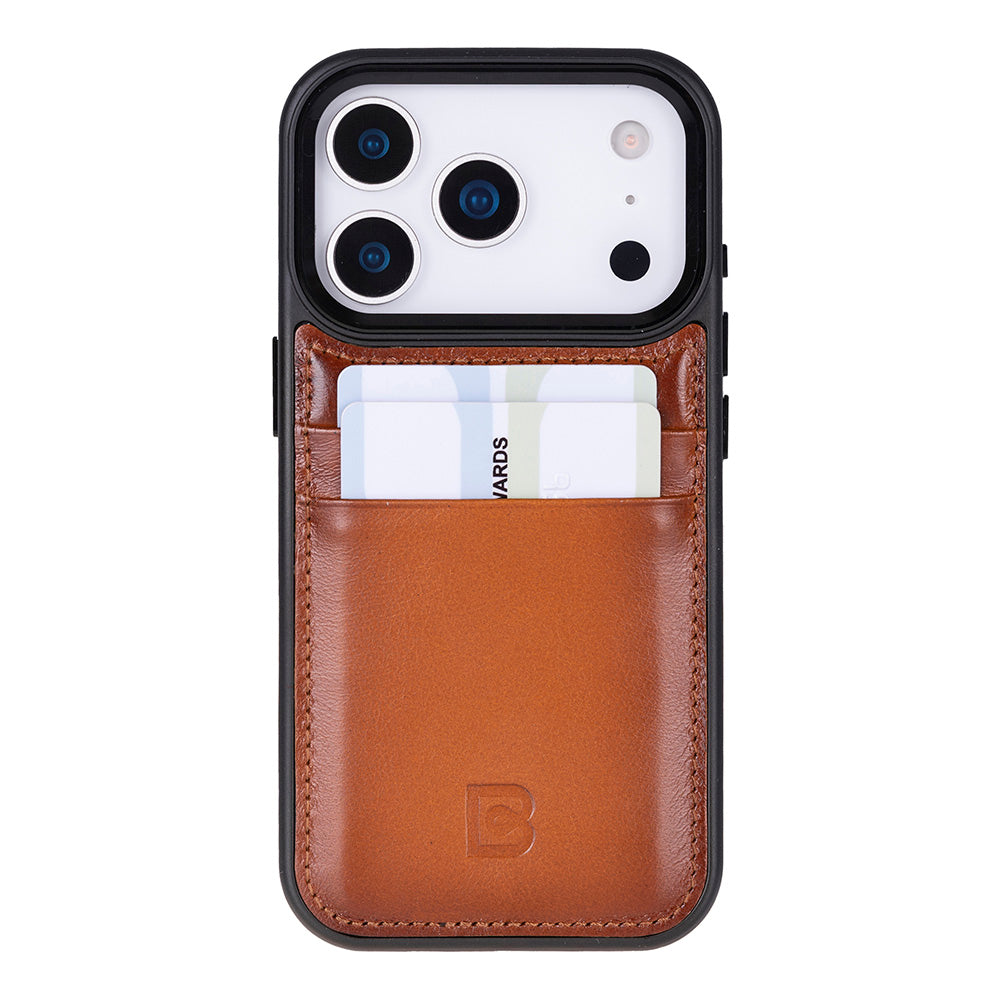 Brown iPhone 17 pro case with card holder on a white background