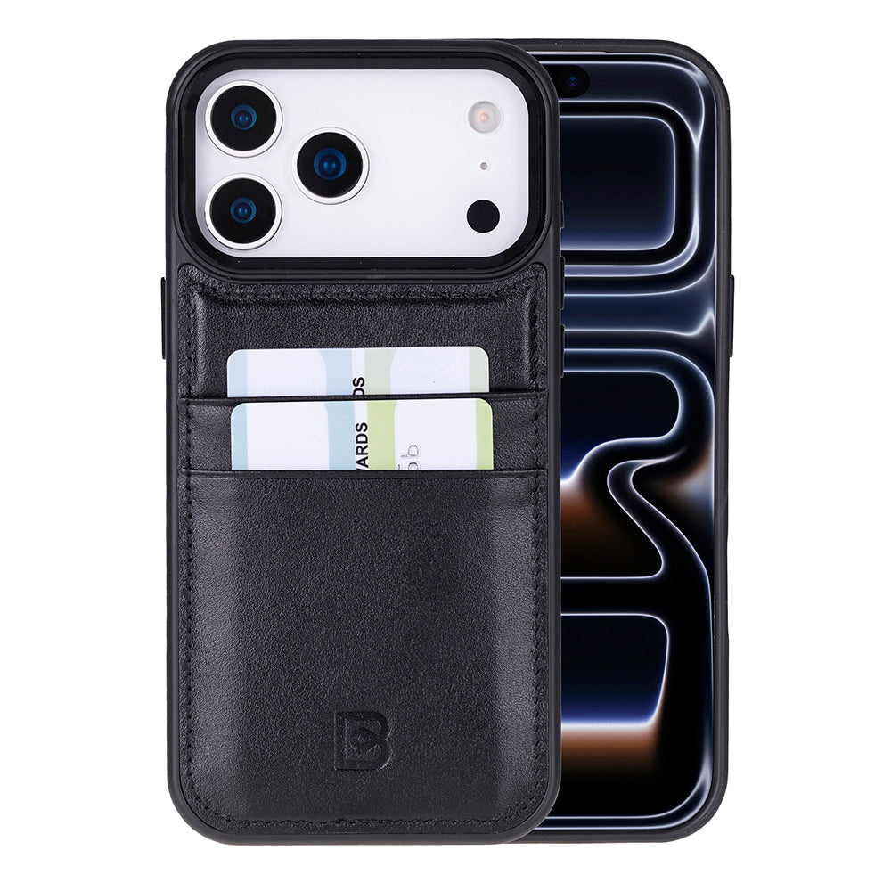 Black iPhone 17 pro max case with card holder and reflective back design