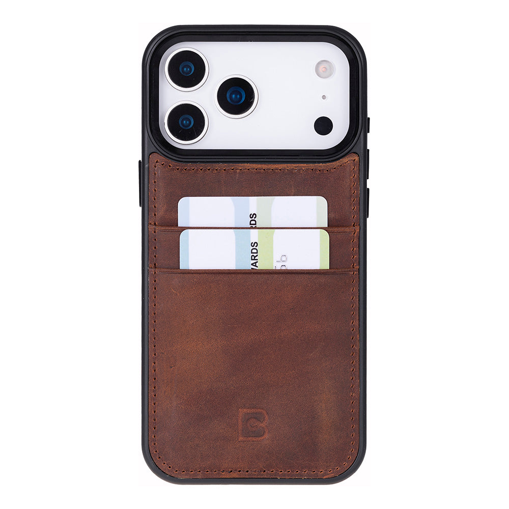Brown leather iphone 17 case with card holder on a white background