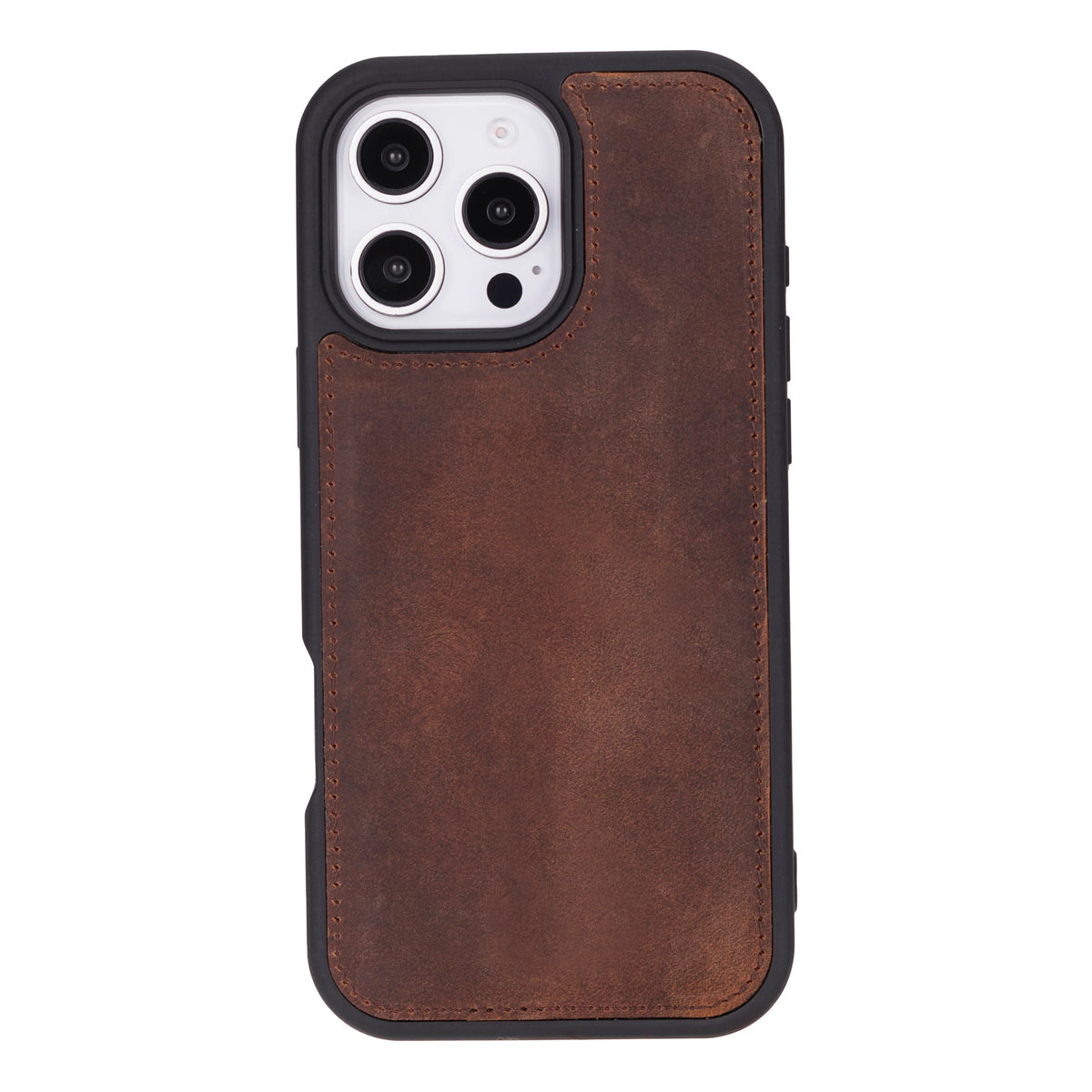 Brown leather iphone 16 pro case with black border on a white background
