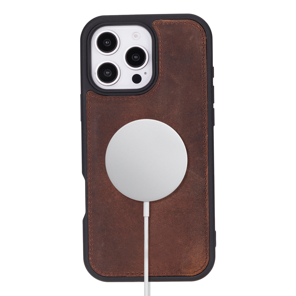 Brown leather phone case with MagSafe ring and cable on a white background
