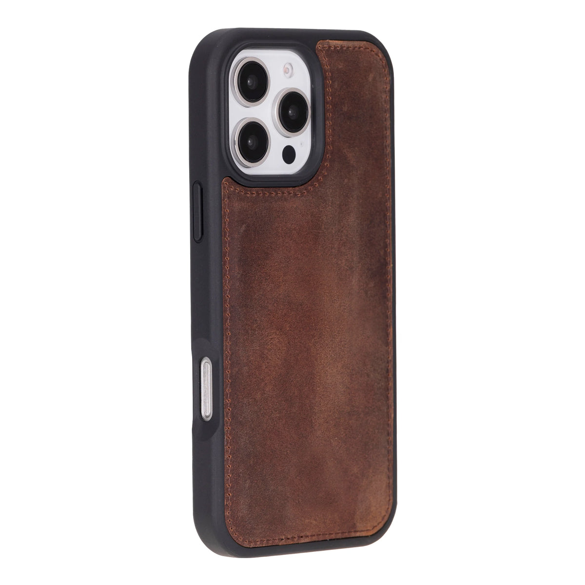 Brown leather phone case with black border on a white background