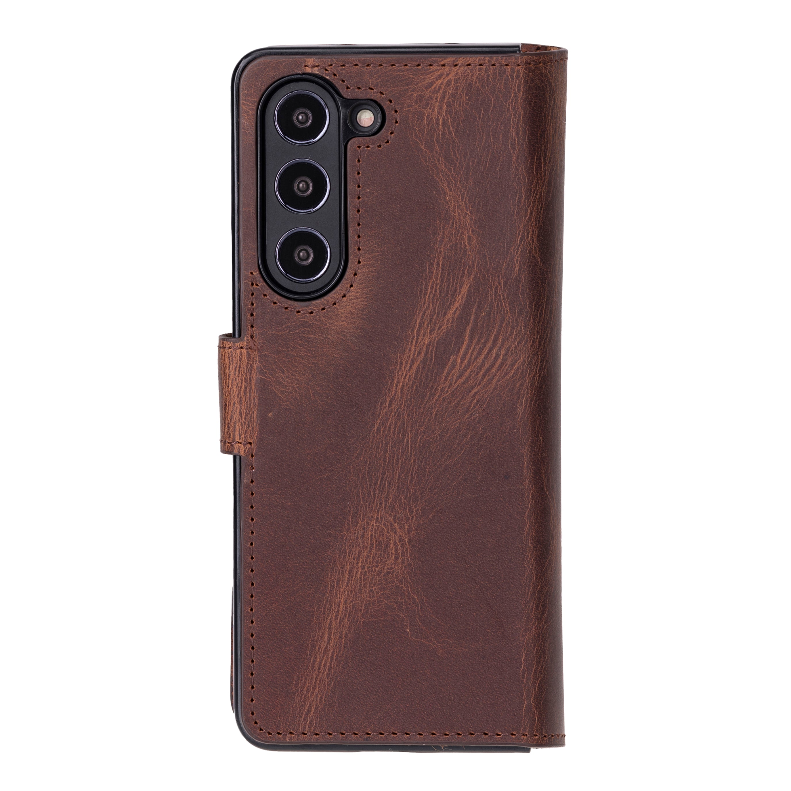 Brown leather phone case with card slots on a white background