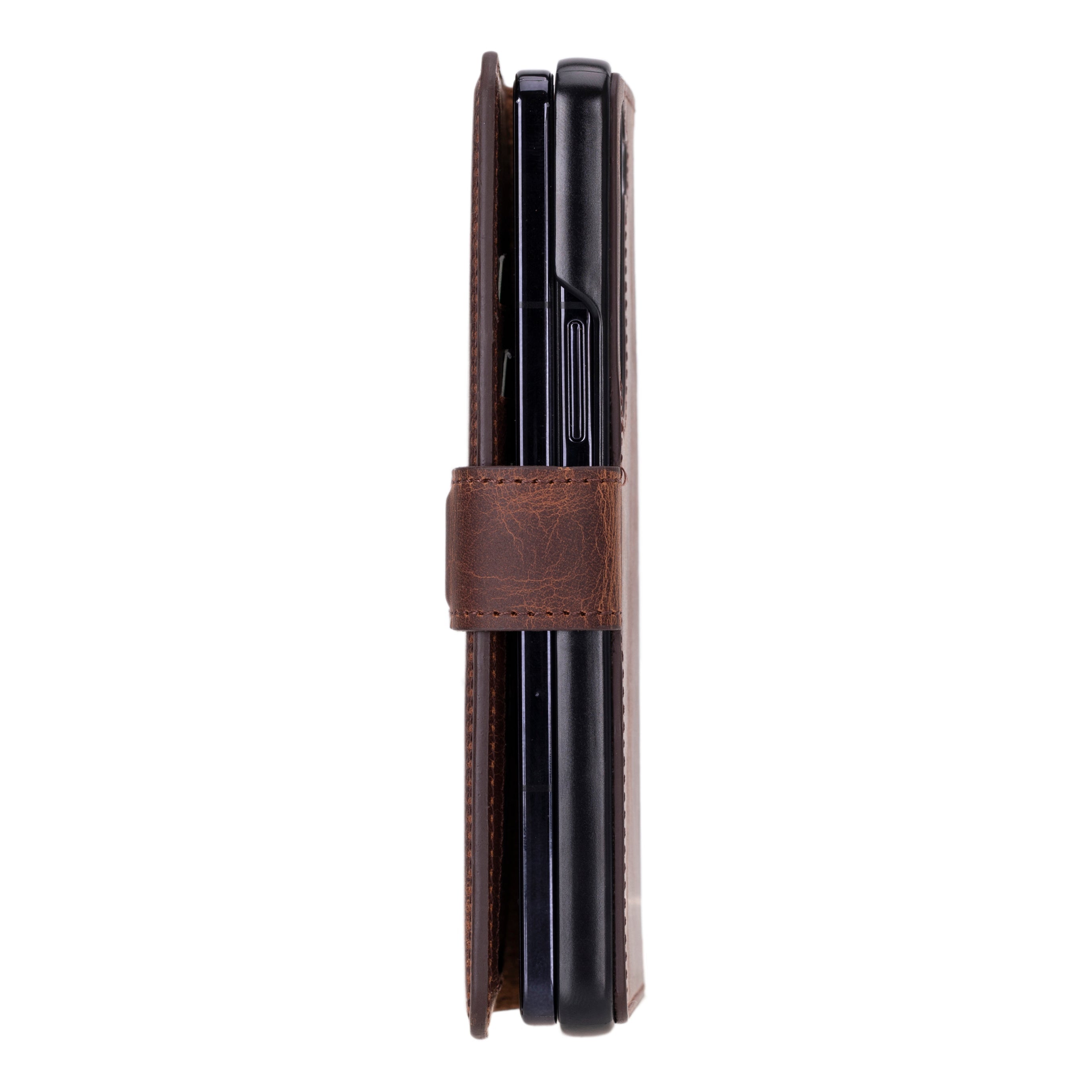 Brown leather pen holder with black pens on a white background