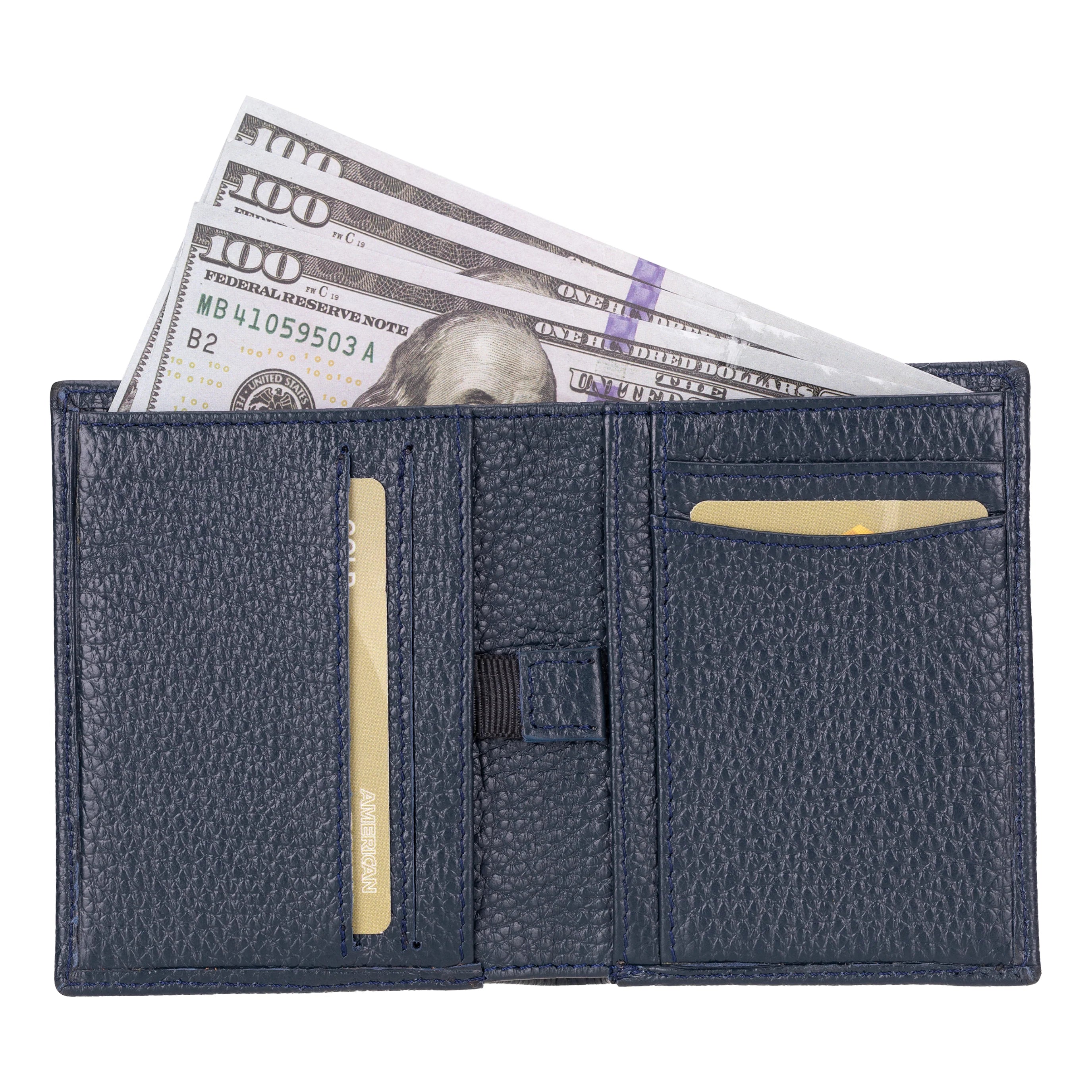 Blue wallet with money and cards on a white background