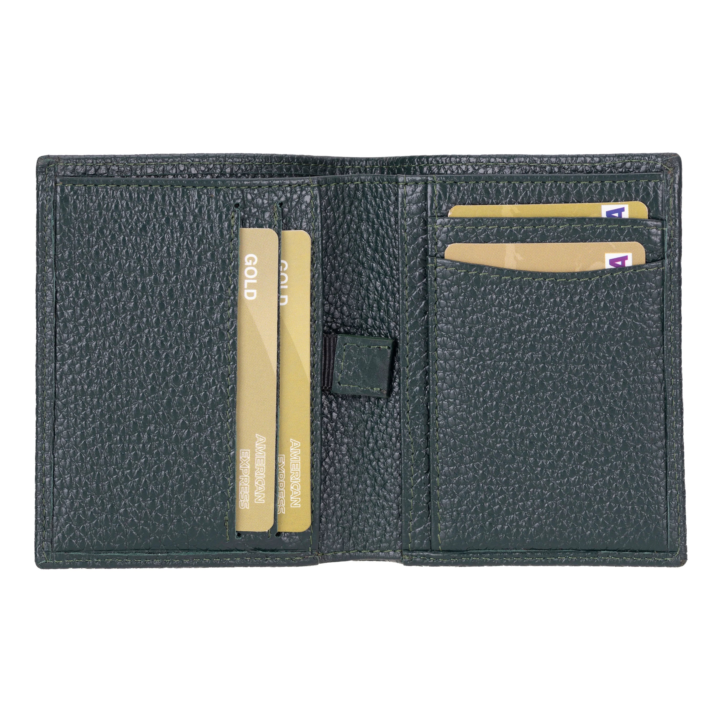 Black leather wallet with card slots on a white background