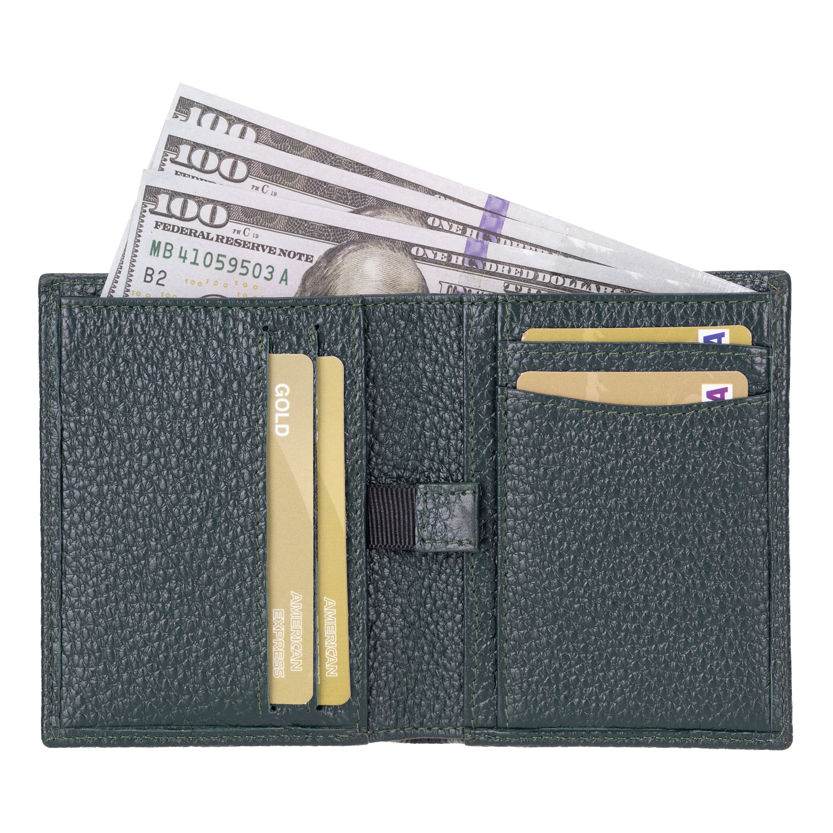 Black wallet with money and cards on a white background
