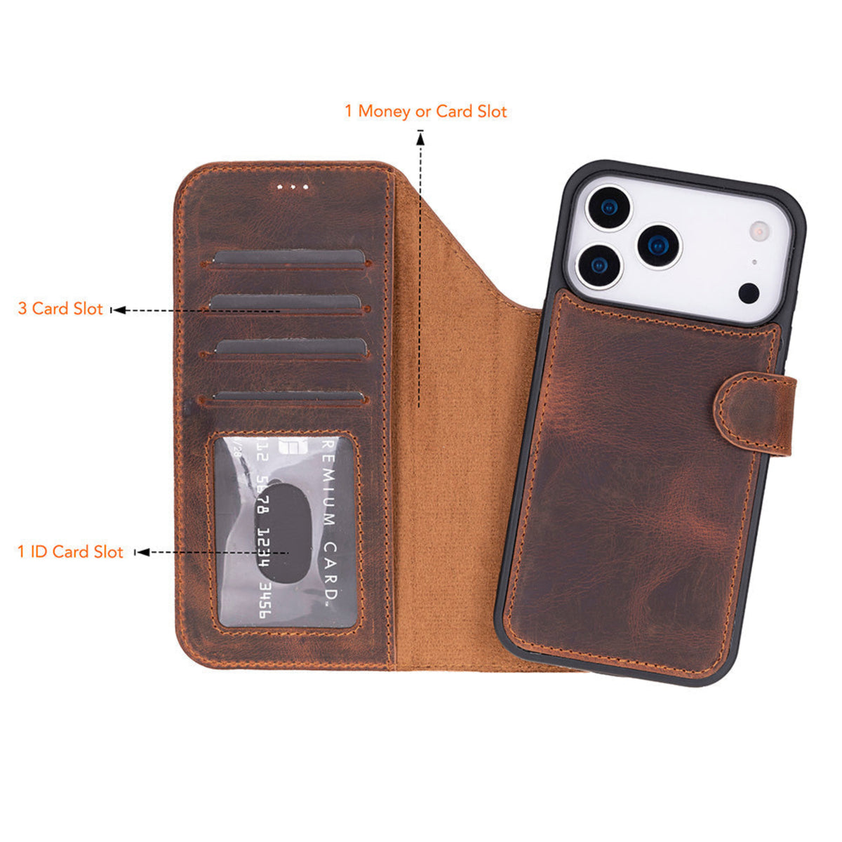 Brown leather phone wallet case with card slots and phone holder on a white background