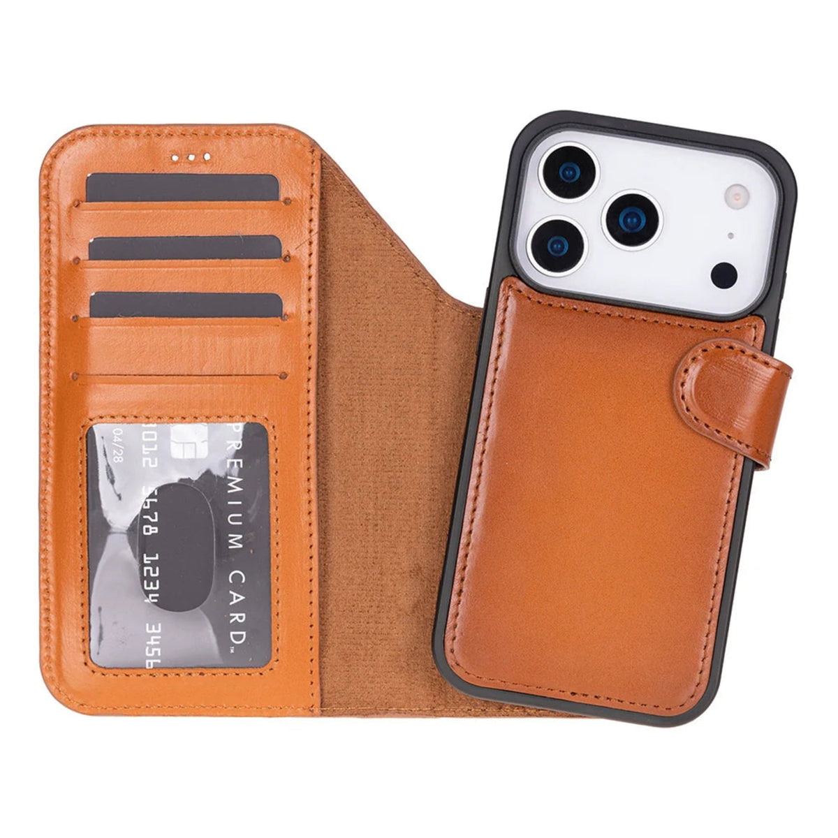 A tan leather iphone 18 pro max wallet phone case shown open on a white background, with card slots on the left and a phone case insert on the right holding a smartphone.