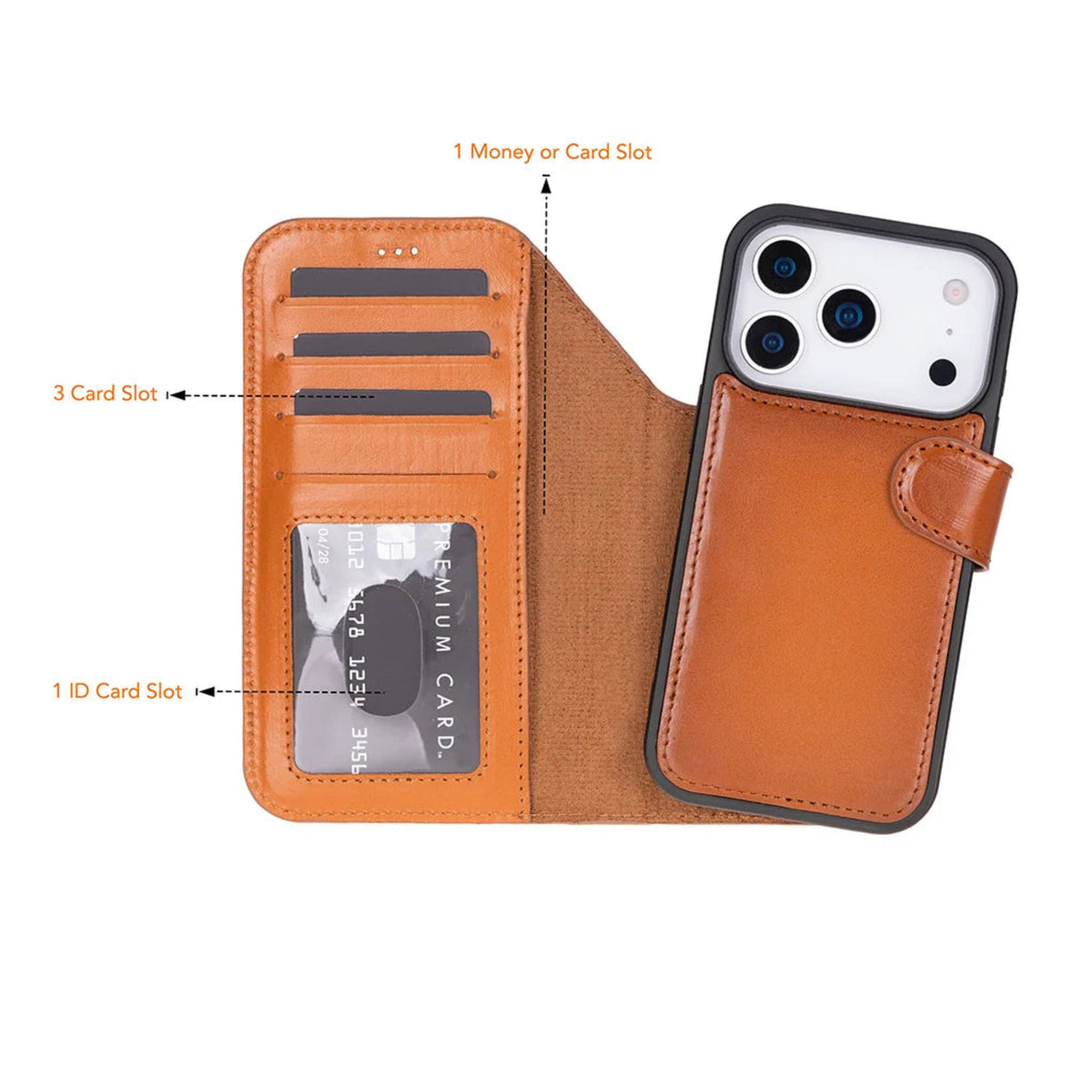 Brown iphone 18 pro  wallet case with card slots and phone attachment on a white background