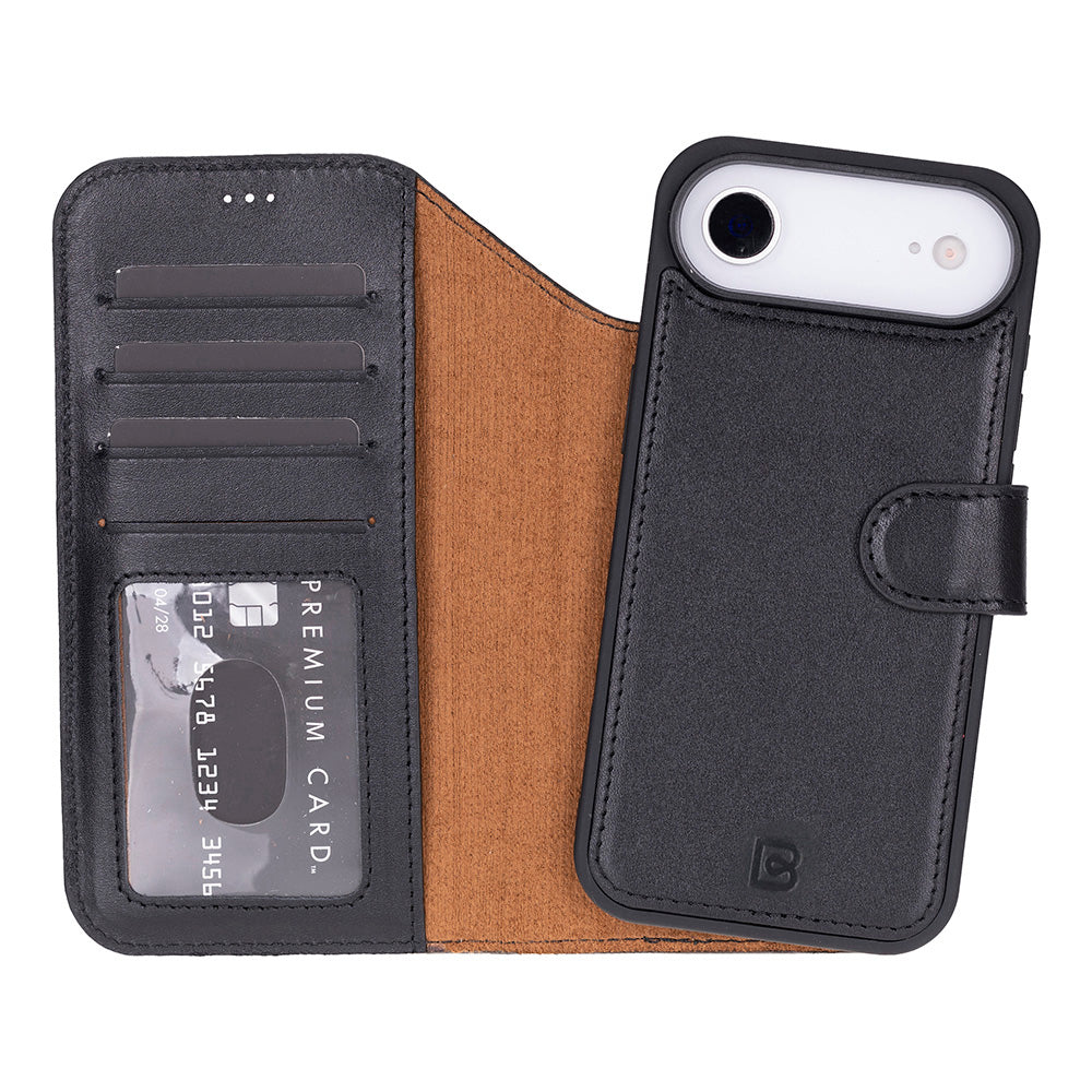 Black and brown phone case with card holder on a white background